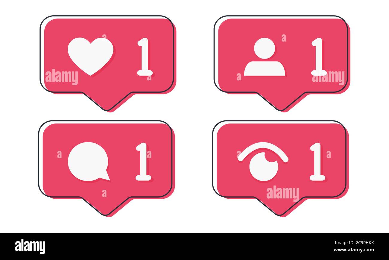Cœur rouge comme, nouvelle bulle de message, demande d'ami nombre de notifications icônes modèles. Icônes de l'application de réseau social. Illustration de Vecteur