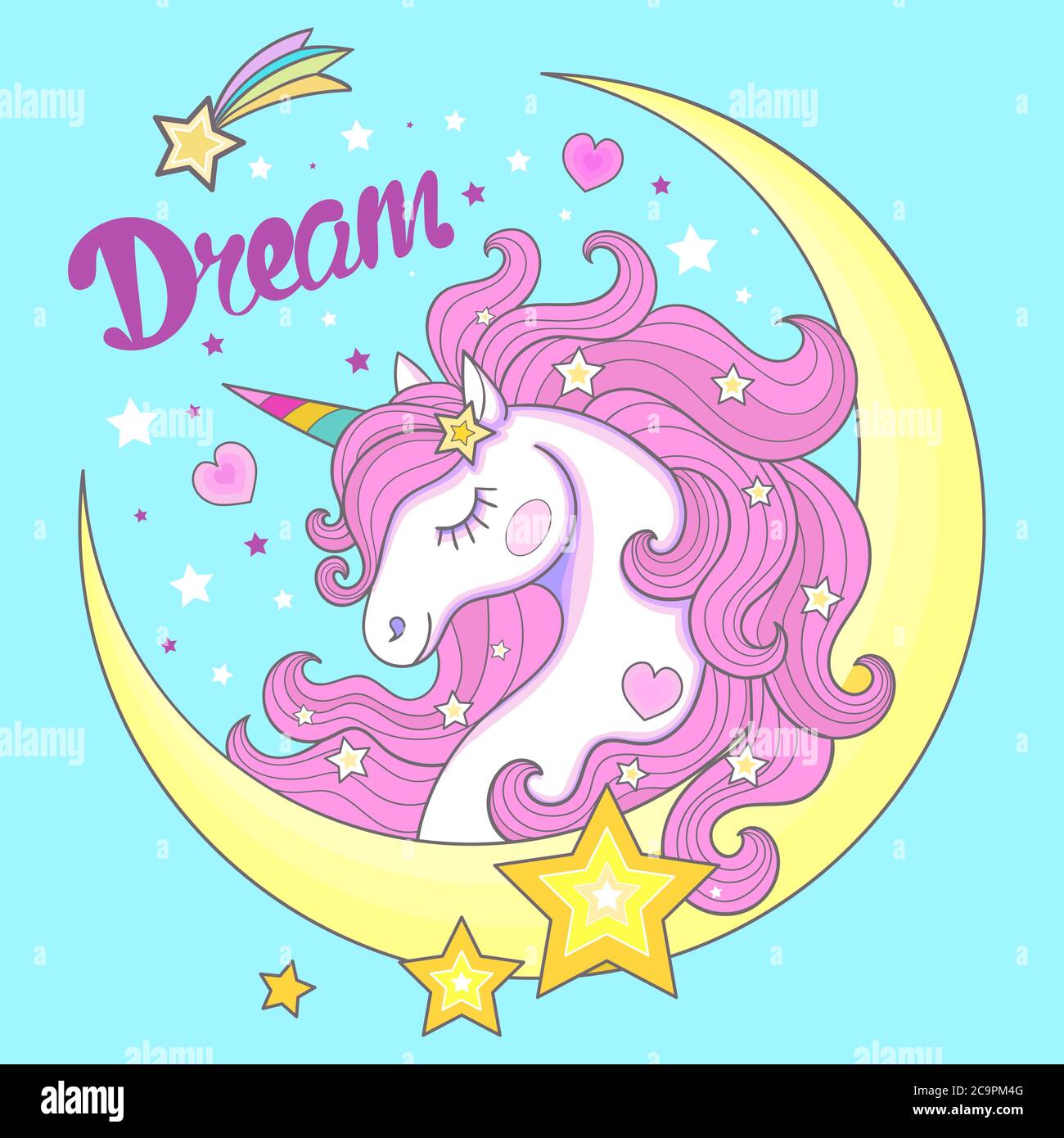 Rêve. licorne blanche avec une manie rose sur un fond de lune. Animal magique. Pour la conception de tirages, affiches, cartes, autocollants, badges, etc. VE Illustration de Vecteur