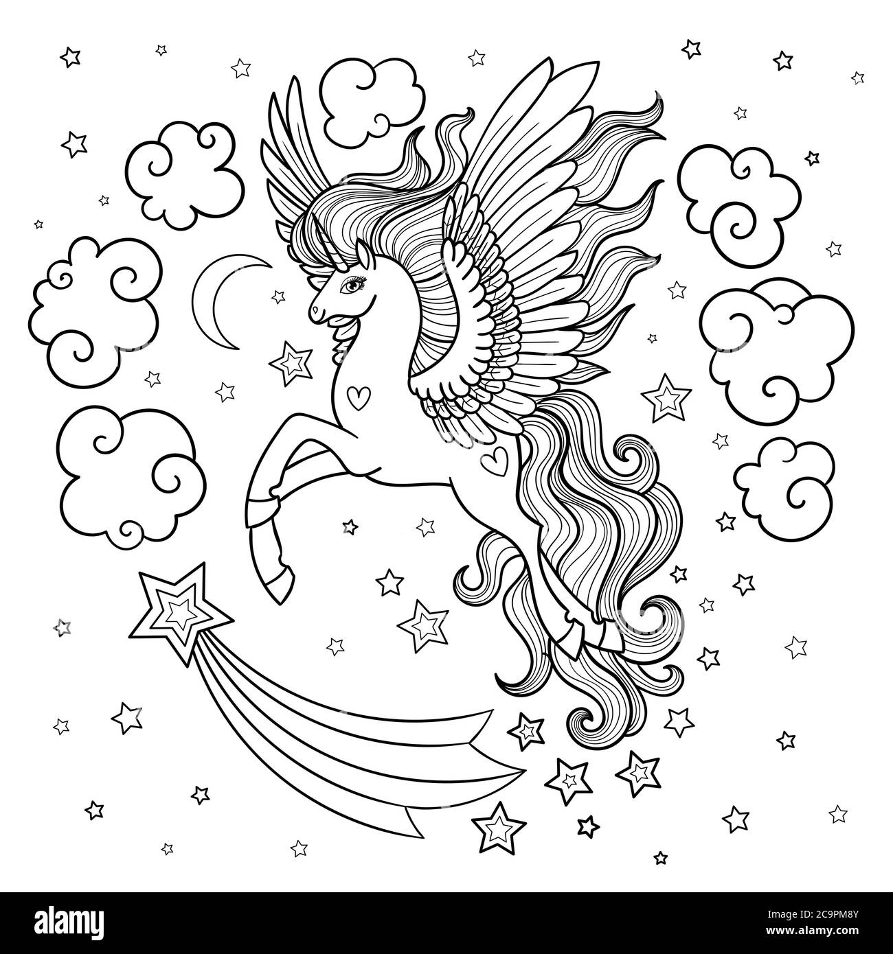Jolie licorne de fées avec une longue minière. Noir et blanc. Animal fantastique. Pour la conception de livres à colorier, imprimés, affiches, tatouages, etc. Vecteur Illustration de Vecteur