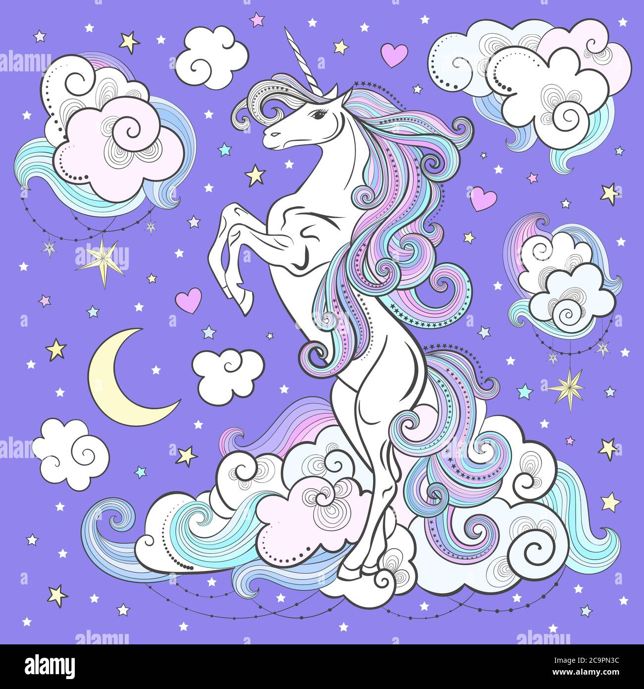 Blanc, licorne arc-en-ciel parmi les nuages sur fond lilas. Fantastique. Animal magique. Pour votre dessin imprimé. Affiches, autocollants, cartes, etc. V Illustration de Vecteur
