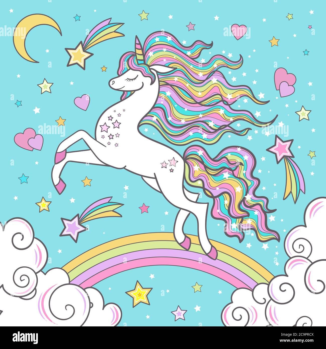 licorne blanche sur un arc-en-ciel. Adorable animal de fantaisie. Illustration pour enfants. Pour les impressions design. Affiches, cartes, autocollants, etc. Vector. Illustration de Vecteur