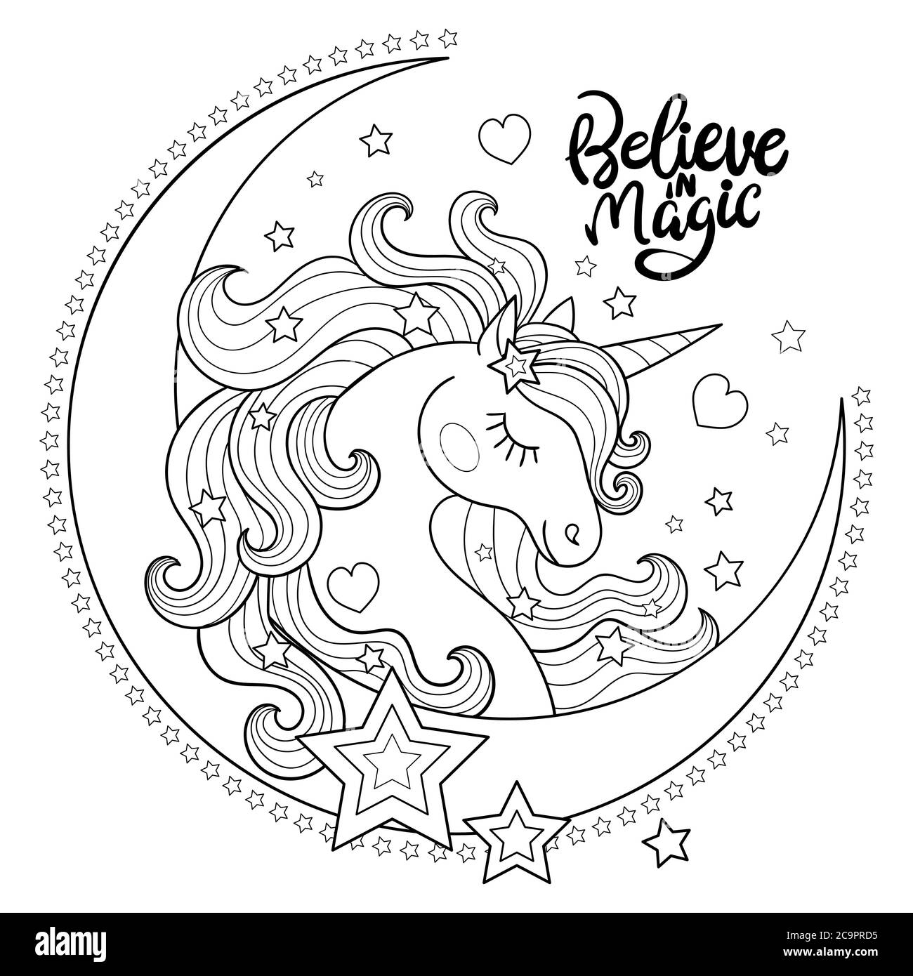 Croyez en la magie. Belle licorne avec la lune. Illustration noir et blanc d'animal fantaisie. Pour colorier des livres, des imprimés, des affiches, des cartes, des autocollants, Illustration de Vecteur