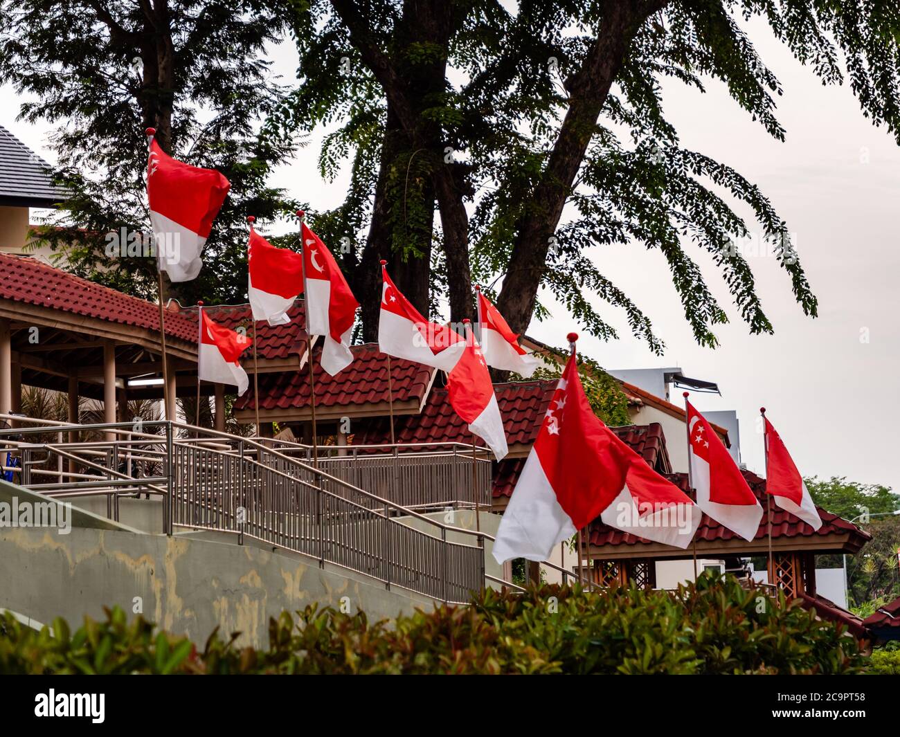 SINGAPOUR – JUL 31, 2020 – la rangée de drapeaux nationaux de Singapour est placée dans le domaine résidentiel de Sin Ming HDB en préparation de la Journée nationale Banque D'Images