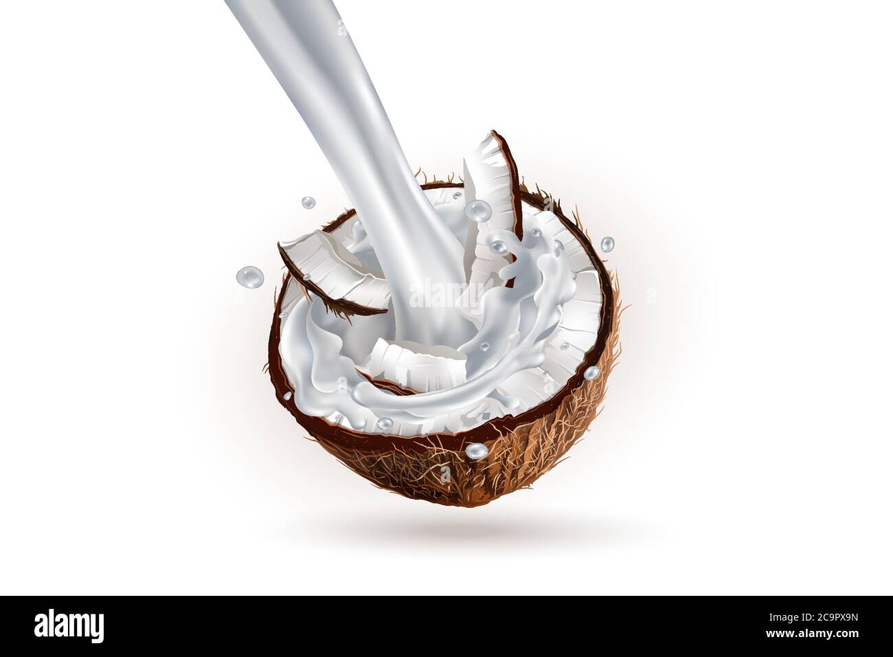 Noix de coco tranché et un jet de lait versé. Illustration de Vecteur