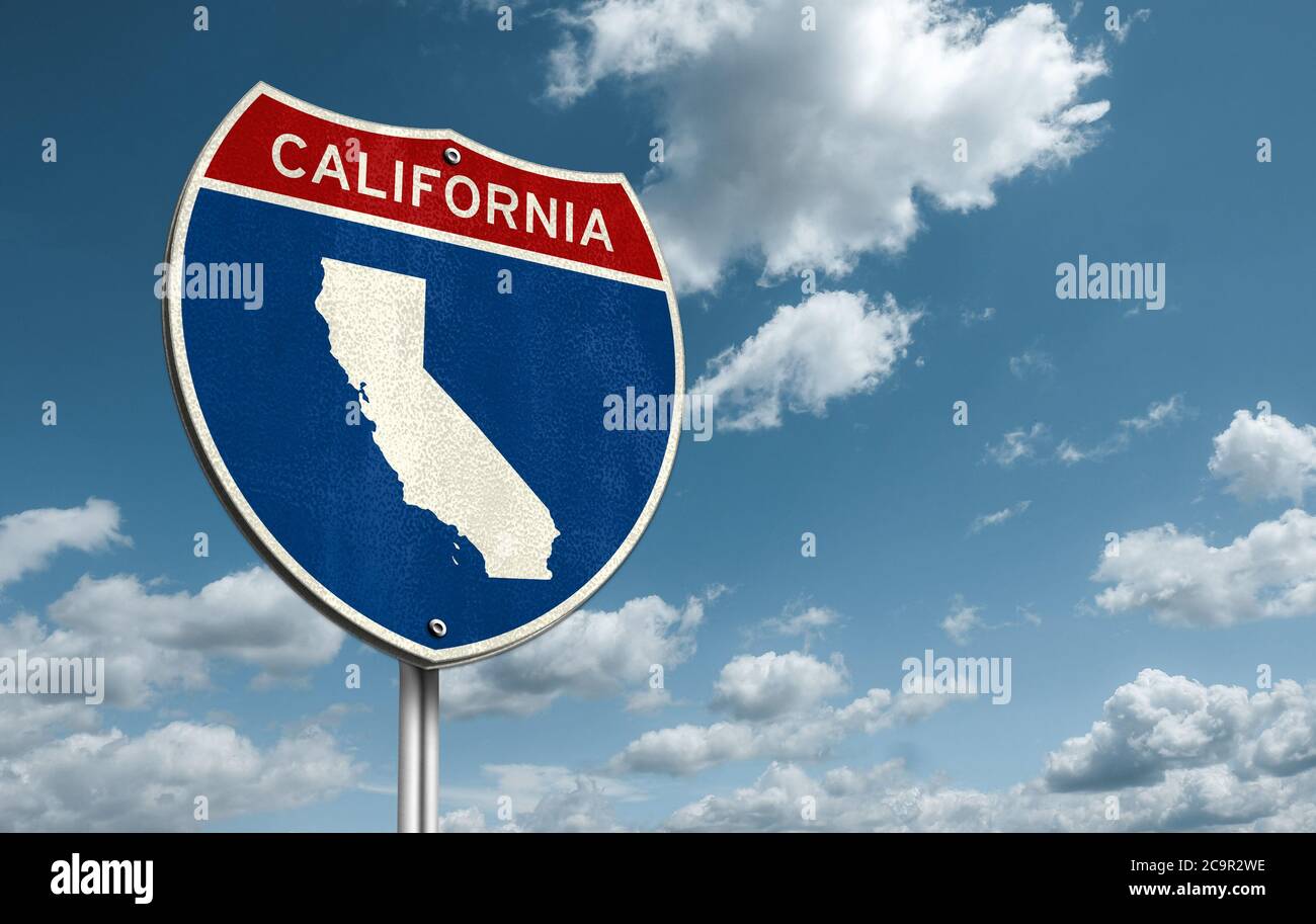 Californie - Illustration du panneau routier de l'Interstate avec la carte de la Californie Banque D'Images