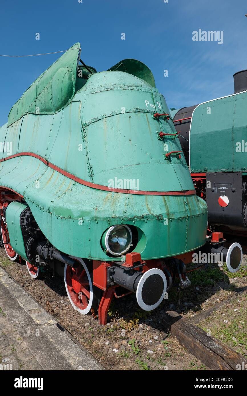 Avant de la locomotive à vapeur express PM3-5 fabriquée en 1940 par Borsig Locomotive-Werke GmbH, Station Museum (Stacja Muzeum) à Varsovie, Pologne Banque D'Images