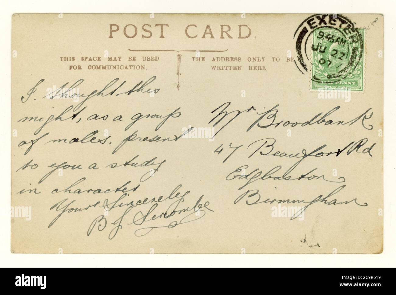 Au verso de la carte postale du début des années 1900 (timbre vert demi-penny du roi Edward VII) posté par Exeter à Devon, juin 1907, Royaume-Uni Banque D'Images