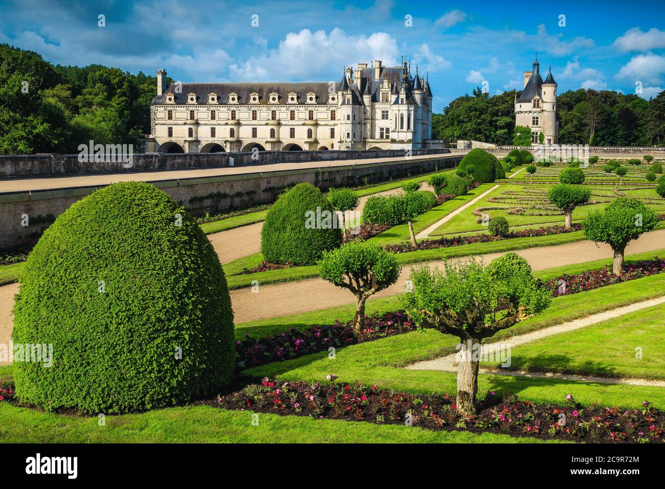 Magnifique jardin ornemental ordonné avec des allées et pittoresque château de Chenonceau en arrière-plan, vallée de la Loire, France, Europe Banque D'Images