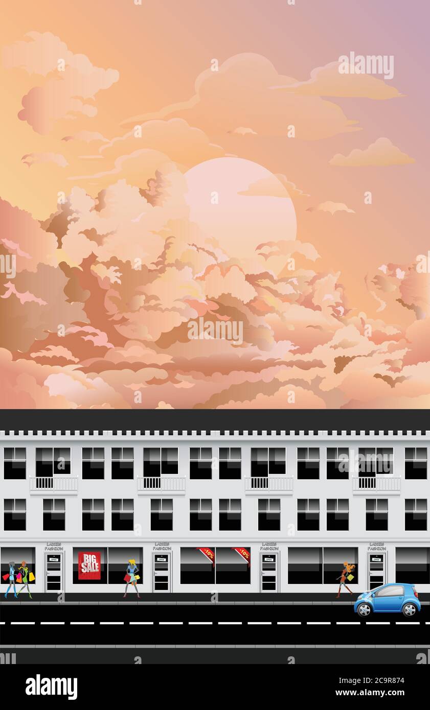Rangée de boutiques de mode pour femmes dans une rue urbaine animée, dans un ciel sombre ou sombre Illustration de Vecteur