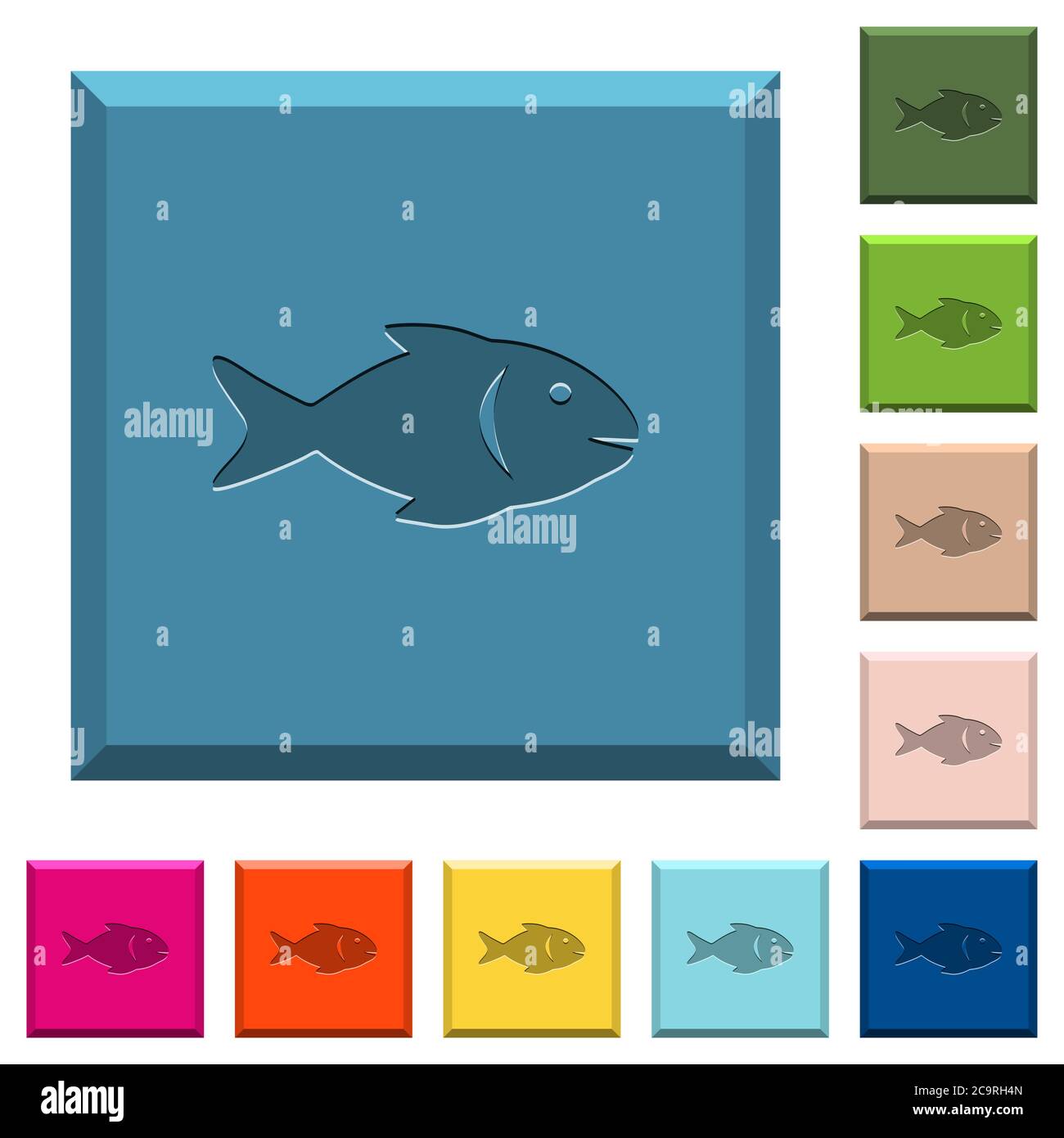 Des icônes gravées de poisson sur des boutons carrés aux couleurs tendance Illustration de Vecteur