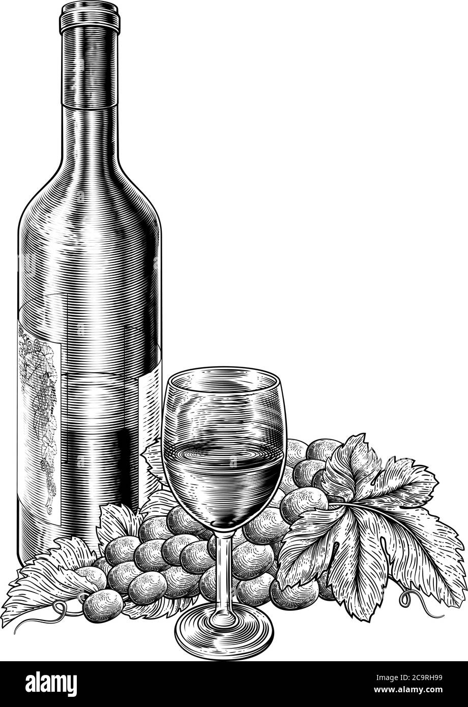 Vin bouteille de vin raisins Vine Bunch Woodcut style Illustration de Vecteur