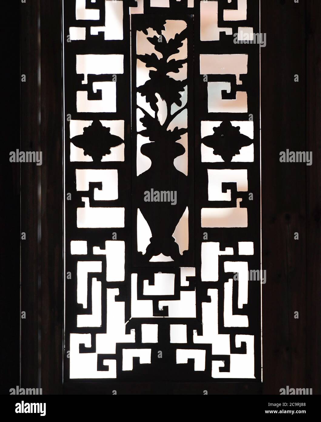 (200802) -- FUZHOU, 2 août 2020 (Xinhua) -- photo prise le 17 juillet 2020 montre la sculpture sur bois sur une fenêtre à Honglincuo dans le village de Xinhu, canton de Bandong dans le comté de Minqing dans la province de Fujian, dans le sud-est de la Chine. Honglincuo est un ancien complexe d'habitation bien conservé dans le village de Xinhu, dans la province de Fujian. Le mot cuo signifie lieu d'habitation, maison ou petit village dans le dialecte Fujien. La famille de Huang a commencé à construire le logement en 1795. Achevé en 1823, le complexe couvre une superficie d'environ 17,832 mètres carrés et compte 35 halls, 666 chambres et 25 jardins. Conçu et construit dans son ensemble Banque D'Images