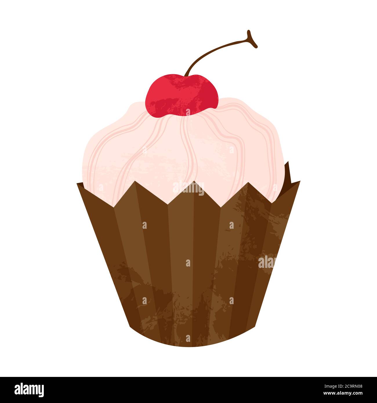 Un petit gâteau ou muffin fait main avec de la cerise et de la crème fouettée. Illustration de dessin animé vectoriel à plat. Élément pour cartes de vœux, affiches Illustration de Vecteur