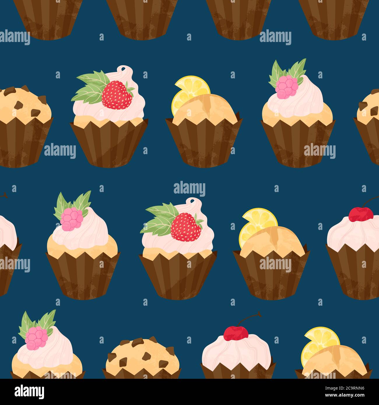 Divers Motifs Vectoriels Cupcake Et Muffin Sans Couture Dans Un Style De Dessins Animes Plats Joyeux Gateau D Anniversaire Avec Fond De Fruits Et De Baies Mignon Colore De Image Vectorielle Stock