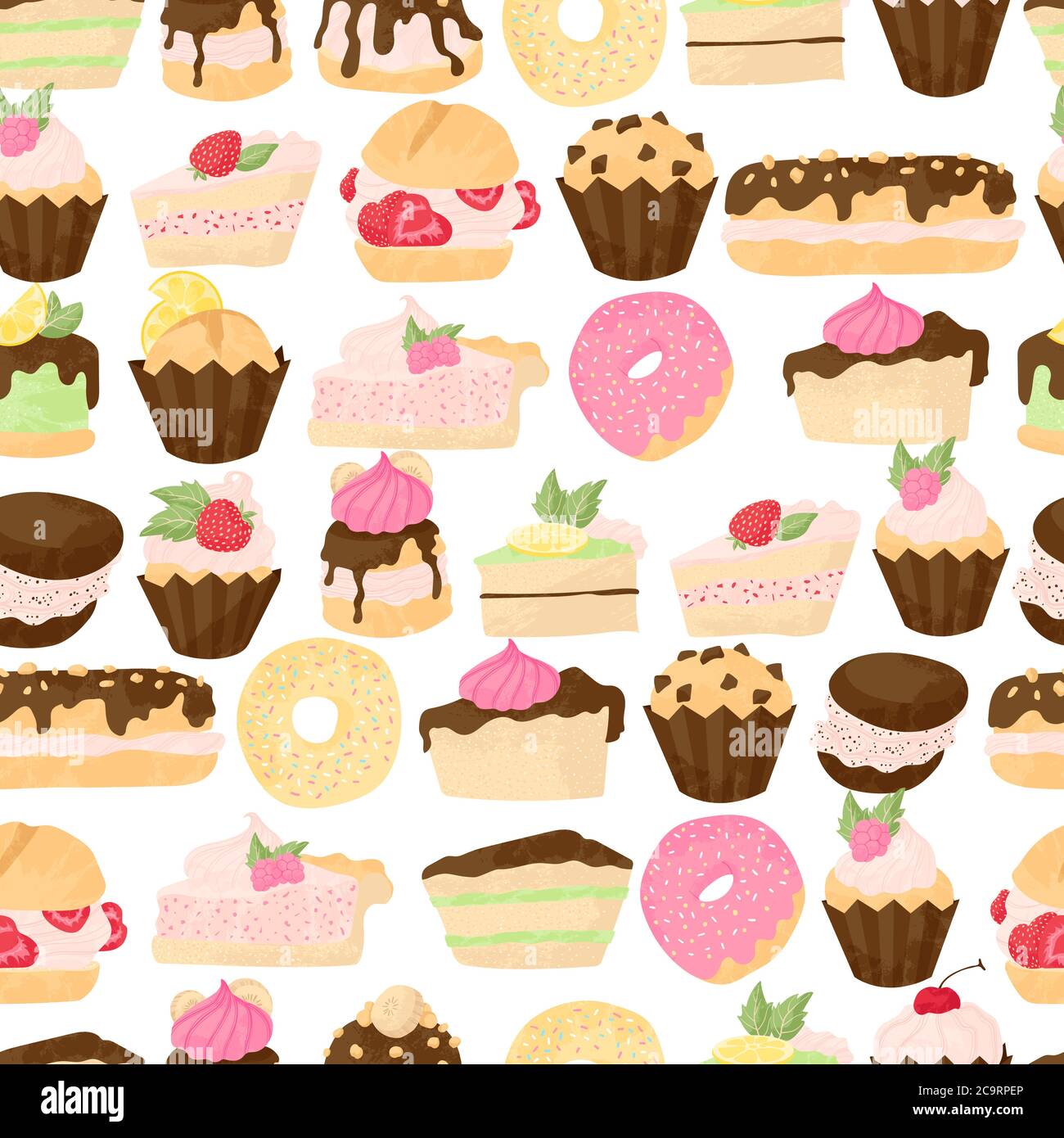 Motif de pâtisserie vectoriel sans couture avec gâteaux, tartes, profiterole, muffins, petits gâteaux et eclair au chocolat, fruits et baies. Boulangerie douce tirée à la main Illustration de Vecteur