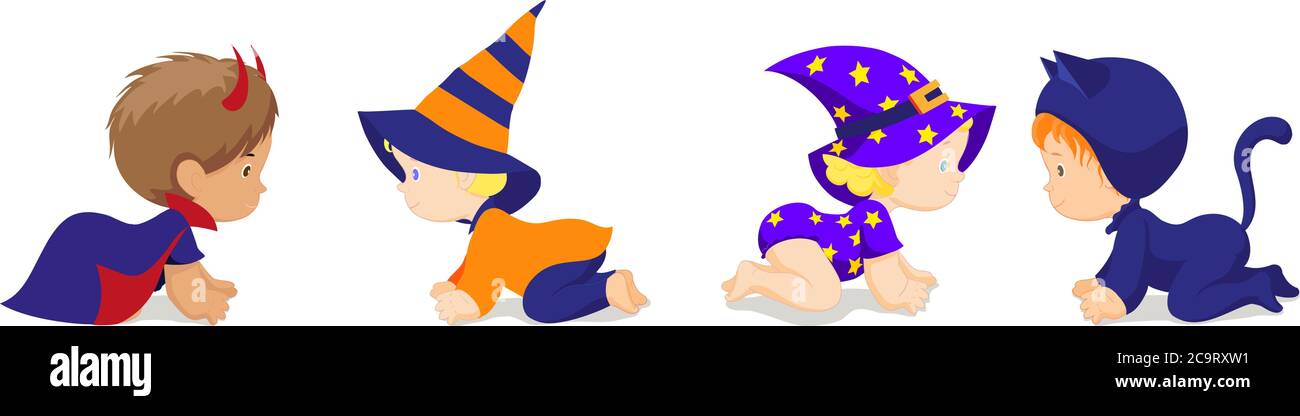 mignon heureux petits enfants dans différents ensembles colorés de costumes d'halloween Illustration de Vecteur