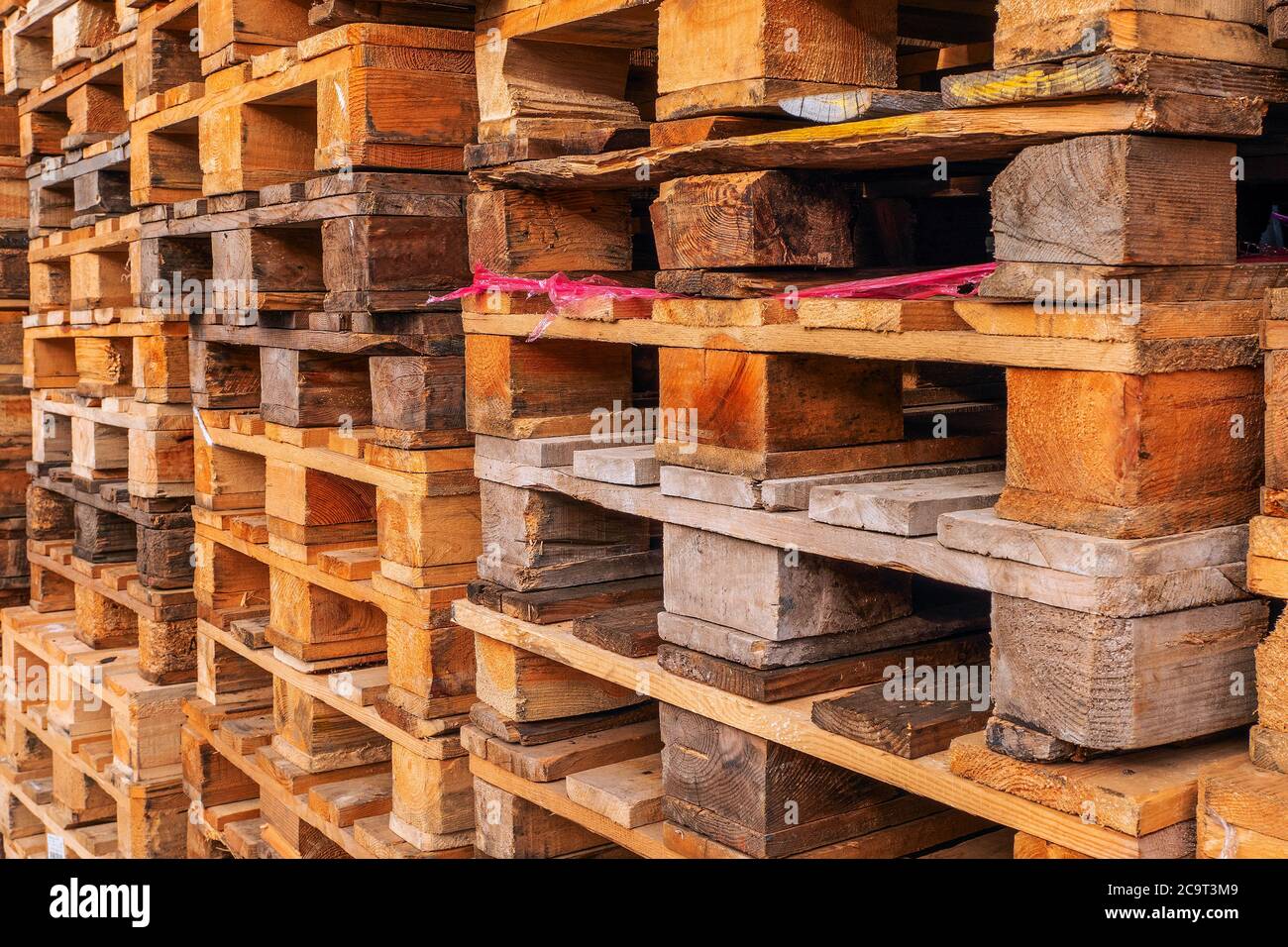 De nombreuses piles de palettes en bois d'occasion de type euro en entrepôt sont prêtes pour le recyclage. Contexte industriel. Gros plan. À L'Extérieur. Banque D'Images