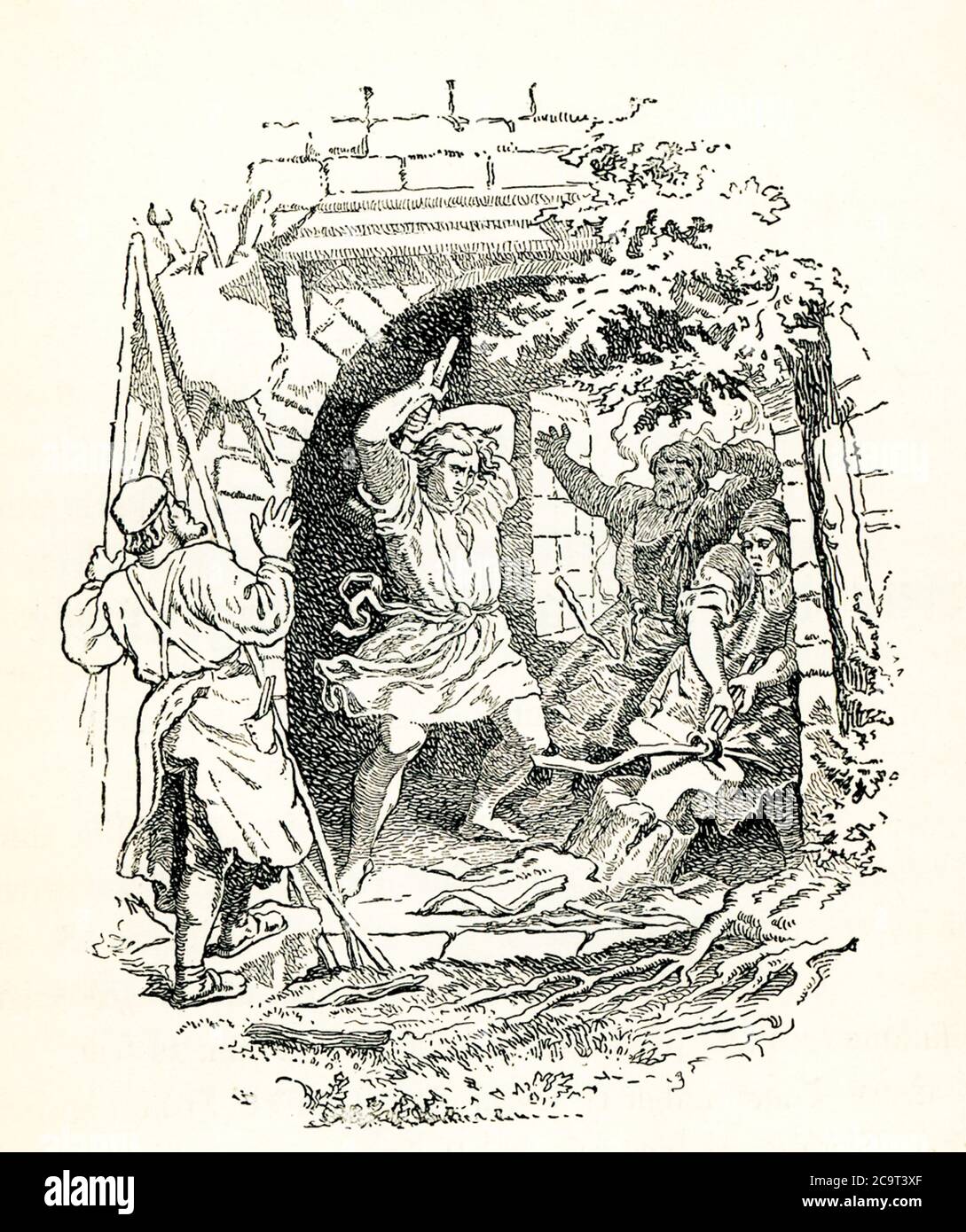 Cette illustration montre le héros germanique Siegfried balançant le marteau avec sa force