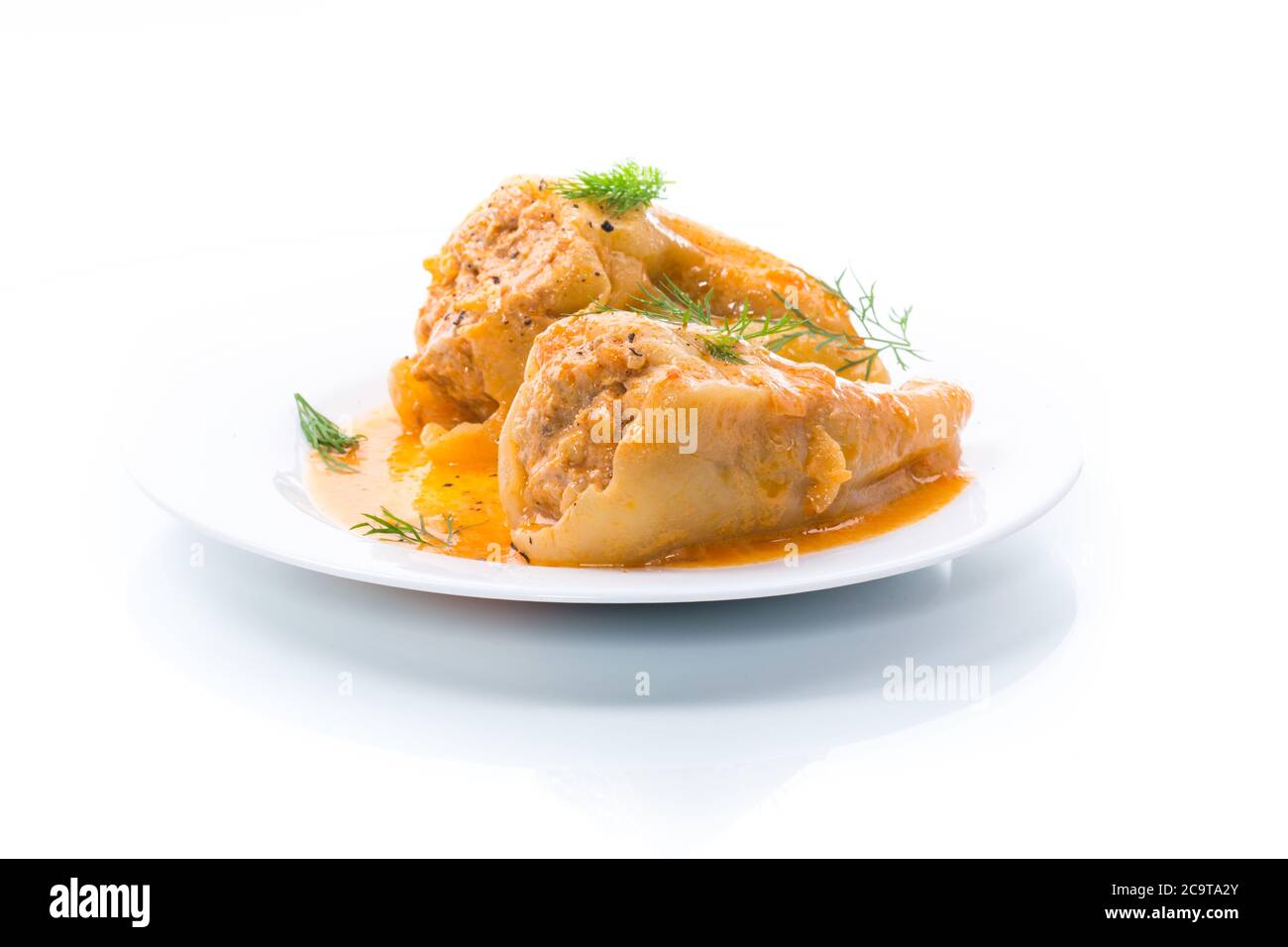 farci de viande et de riz avec sauce au poivre rôti sur fond blanc Banque D'Images