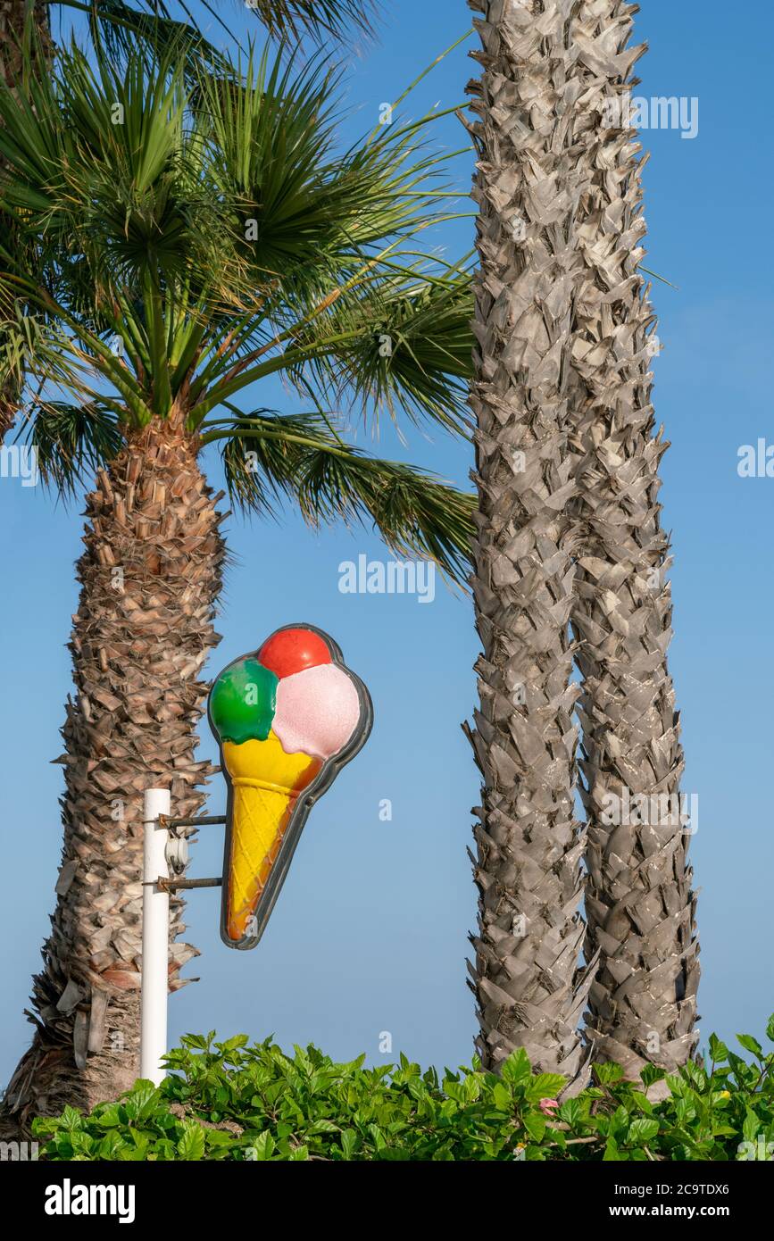 Panneau coloré de crème glacée fixé au palmier. Banque D'Images