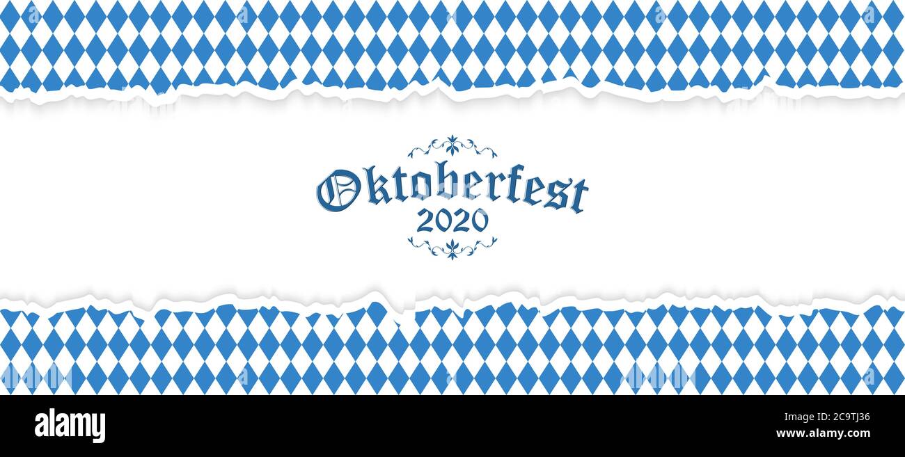Fond Oktoberfest avec papier ouvert déchiré avec motif à carreaux bleu-blanc et texte Oktoberfest 2020 Illustration de Vecteur