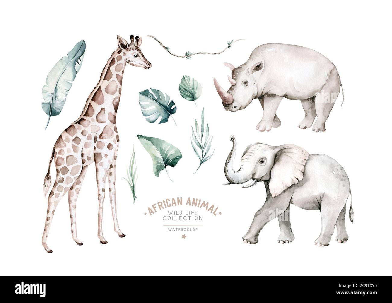 Aquarelle de l'éléphant frican, girafe et rhinocéros isolés sur fond blanc. Savannah Rhipo faune dessin animé zoo poster safari. Jungle Banque D'Images