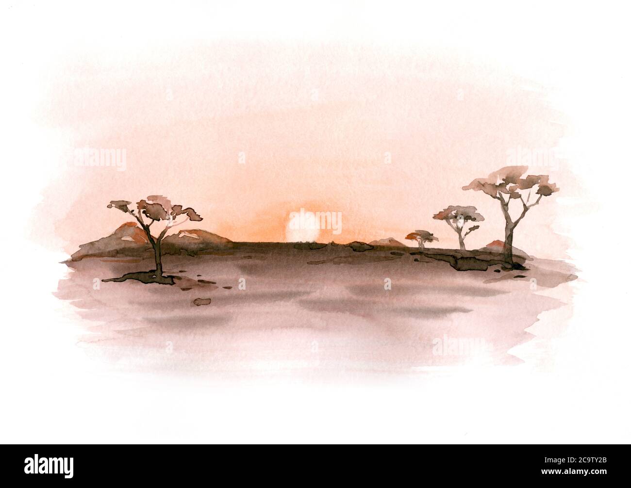 Paysage d'aquarelle : lever du soleil du désert africain. Vue sur la nature peinte à la main avec des arbres en acacia. Magnifique safari pour invitation de mariage carte pré-faite Banque D'Images