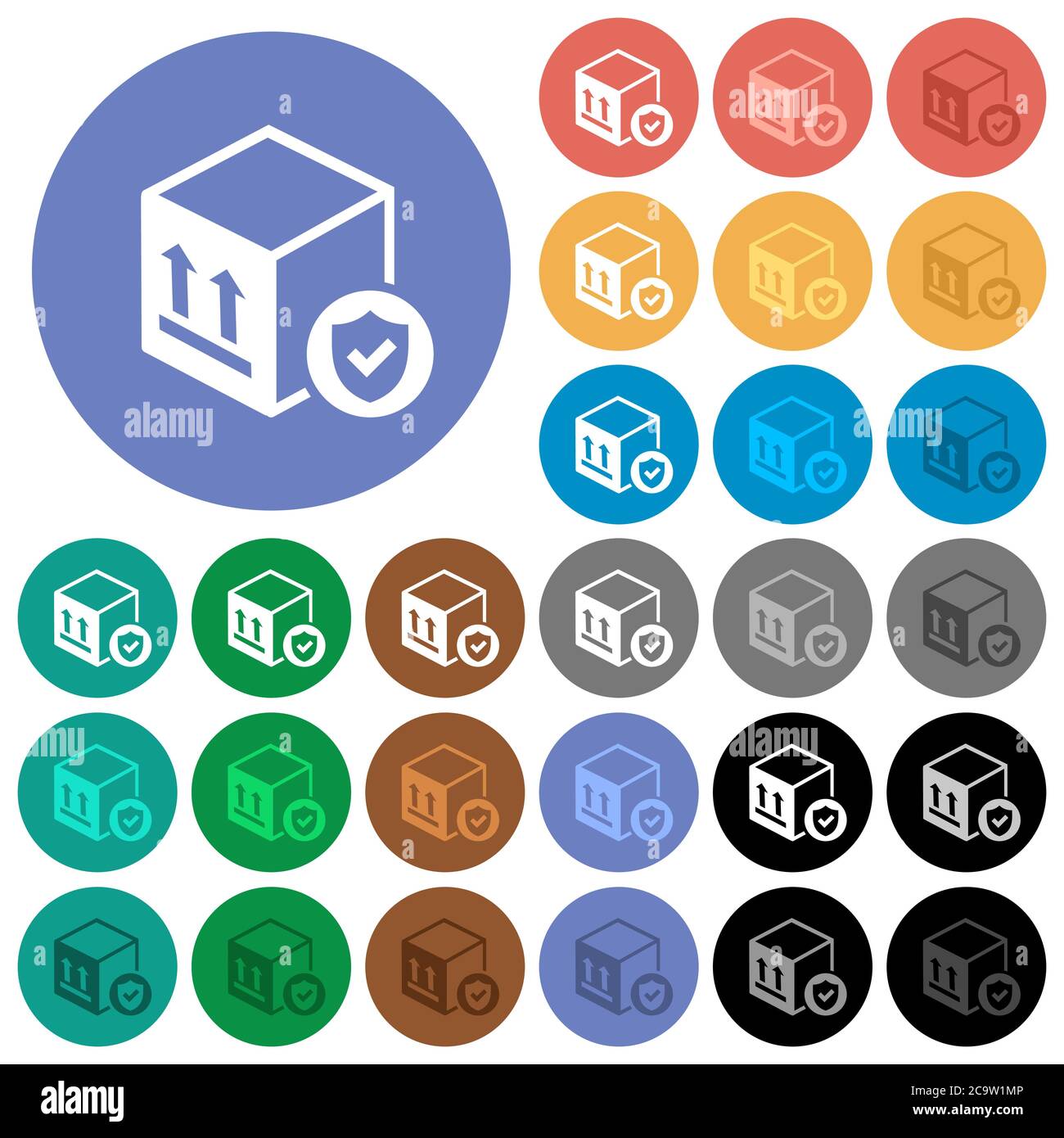 Livraison sécurisée des emballages avec icônes plates multicolores sur fond rond. Inclut des variantes d'icônes blanches, claires et sombres pour les effets de survol et d'état actif Illustration de Vecteur