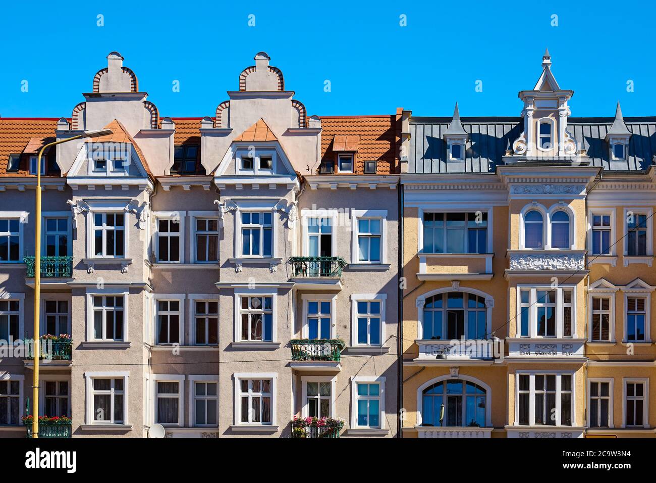 Maisons anciennes sur la rue Jagielonska à Szczecin, Pologne. Banque D'Images