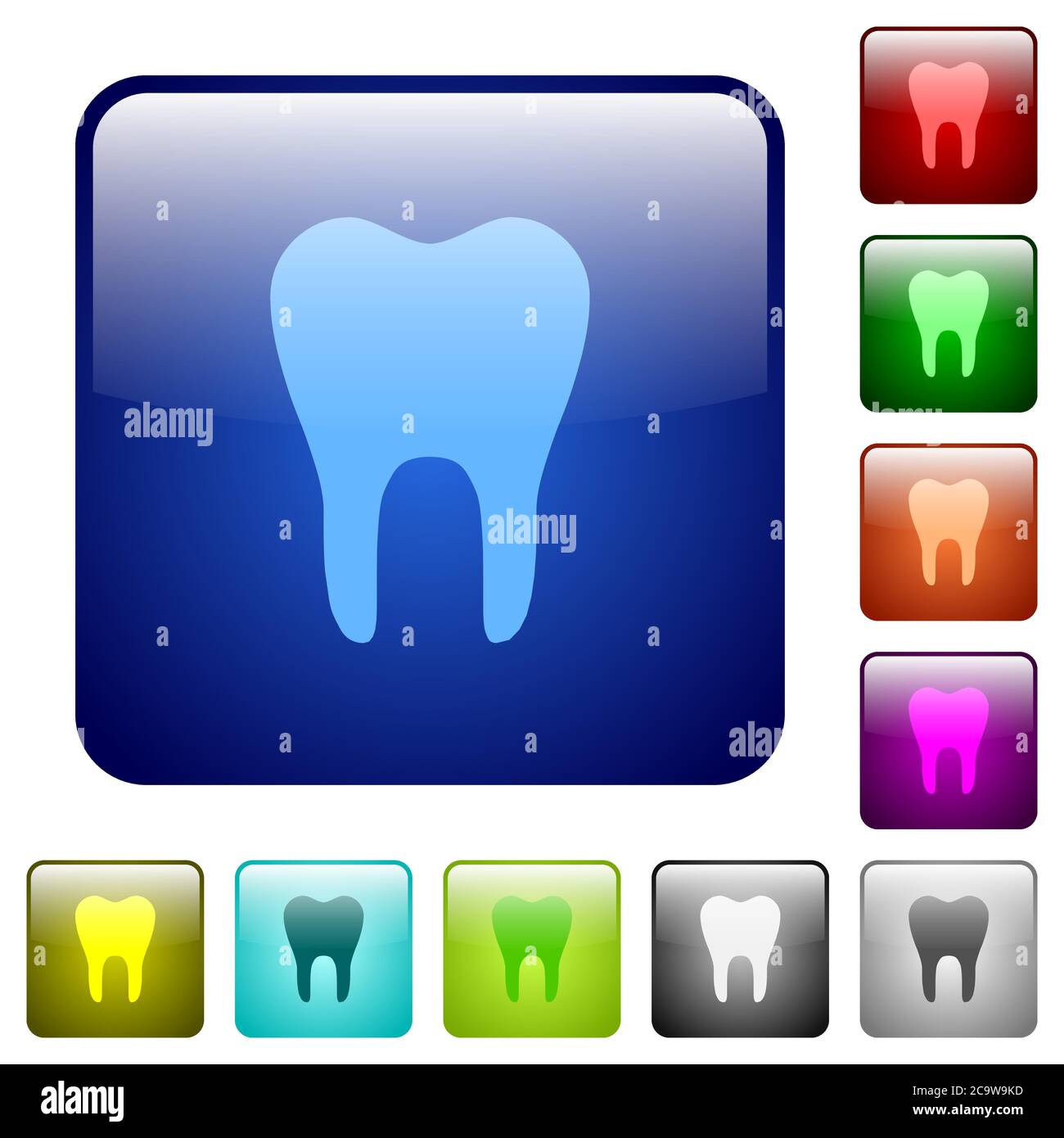 Icônes à une dent dans un jeu de boutons brillants de couleur carrée arrondie Illustration de Vecteur