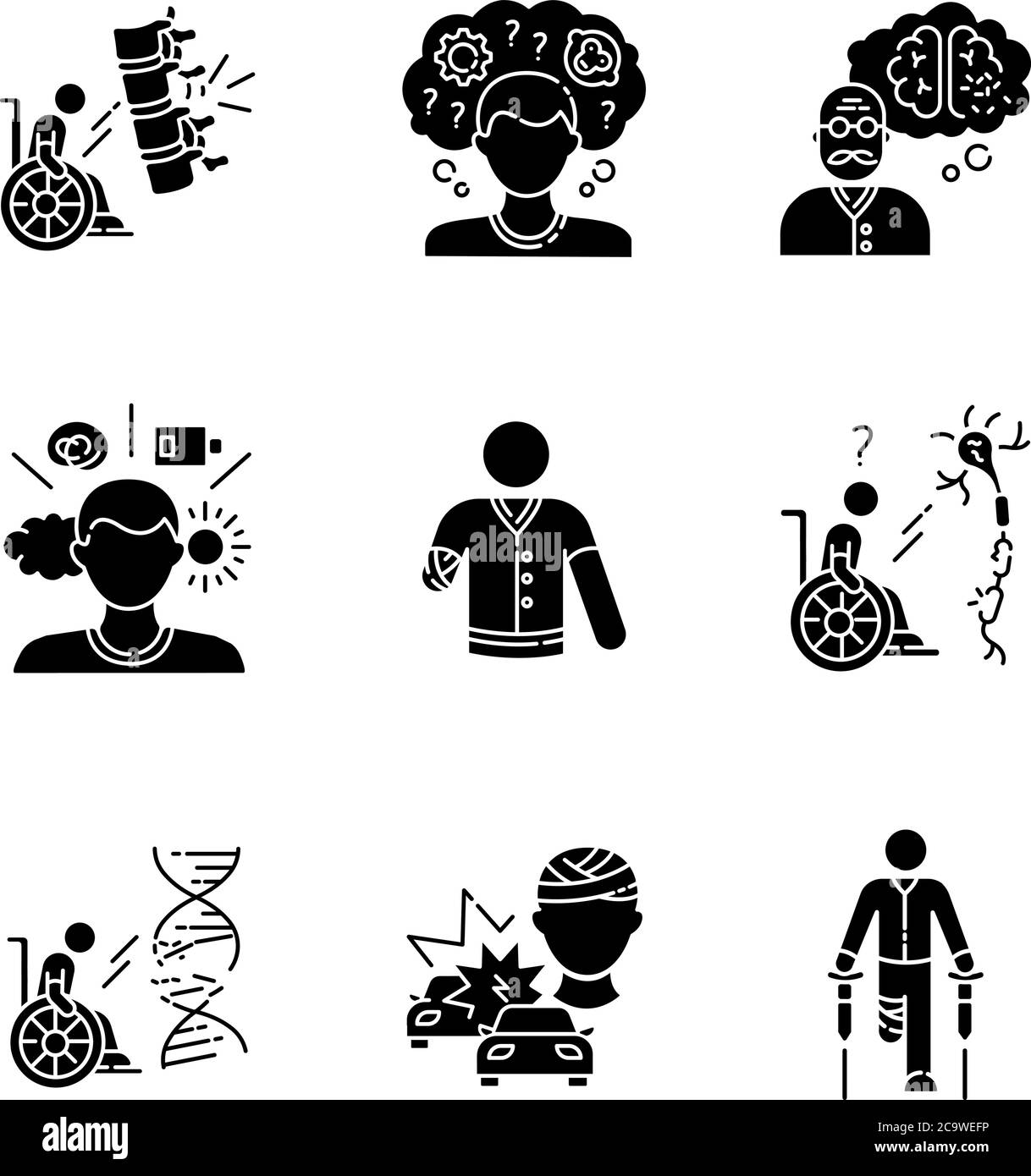 Patient avec un handicap icônes de glyphe noir définies sur un espace blanc. Homme handicapé. Personne paralysée en fauteuil roulant. Perte de mémoire de la maladie d'Alzheimer. SIL Illustration de Vecteur