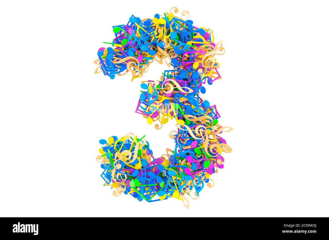 Numéro 3 des notes de musique colorées. Rendu 3D isolé sur fond blanc Banque D'Images
