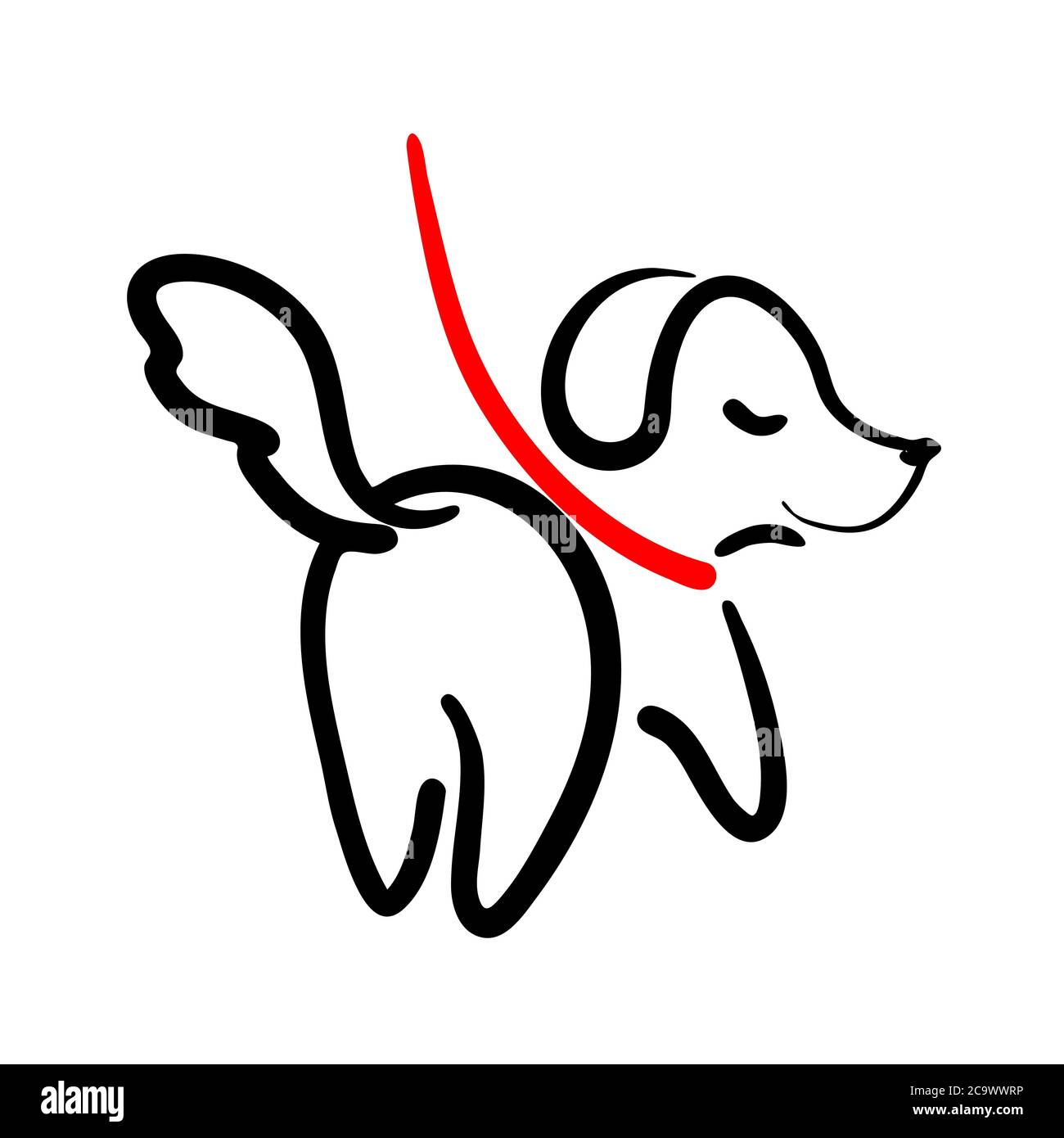 Illustration du contour du chien sur la laisse. La ligne de marche arrière du chiot. Marchez avec le logo des animaux. Emblème de la compagnie doggy et élément de pictogramme pour les points forts. Symbole de vecteur isolé noir d'entraînement des animaux. Illustration de Vecteur