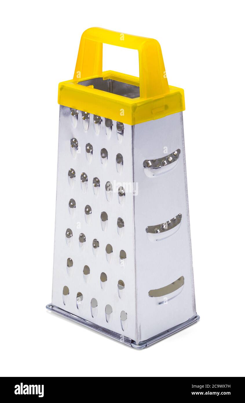Râpe à fromage métallique isolée sur fond blanc. Banque D'Images