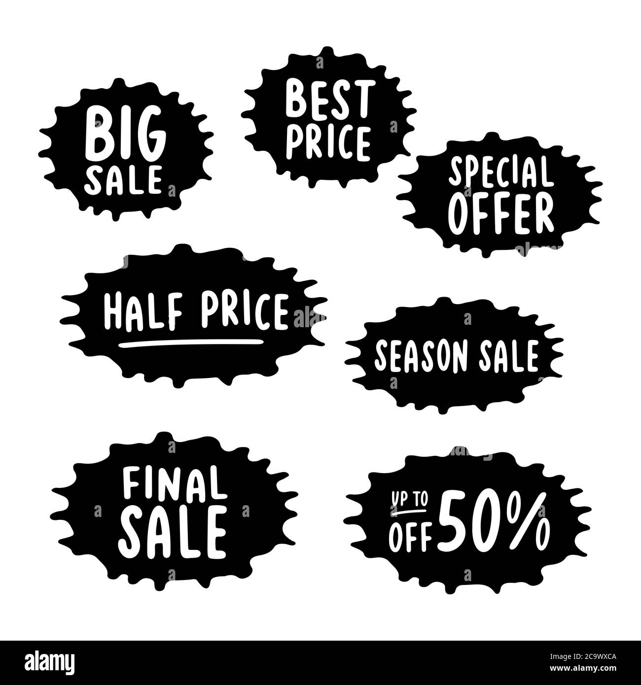 Jeu d'autocollants de VENTE à la main. Meilleur prix, offre spéciale, soldes de fin de saison, jusqu'à 50 devis de réduction Illustration de Vecteur