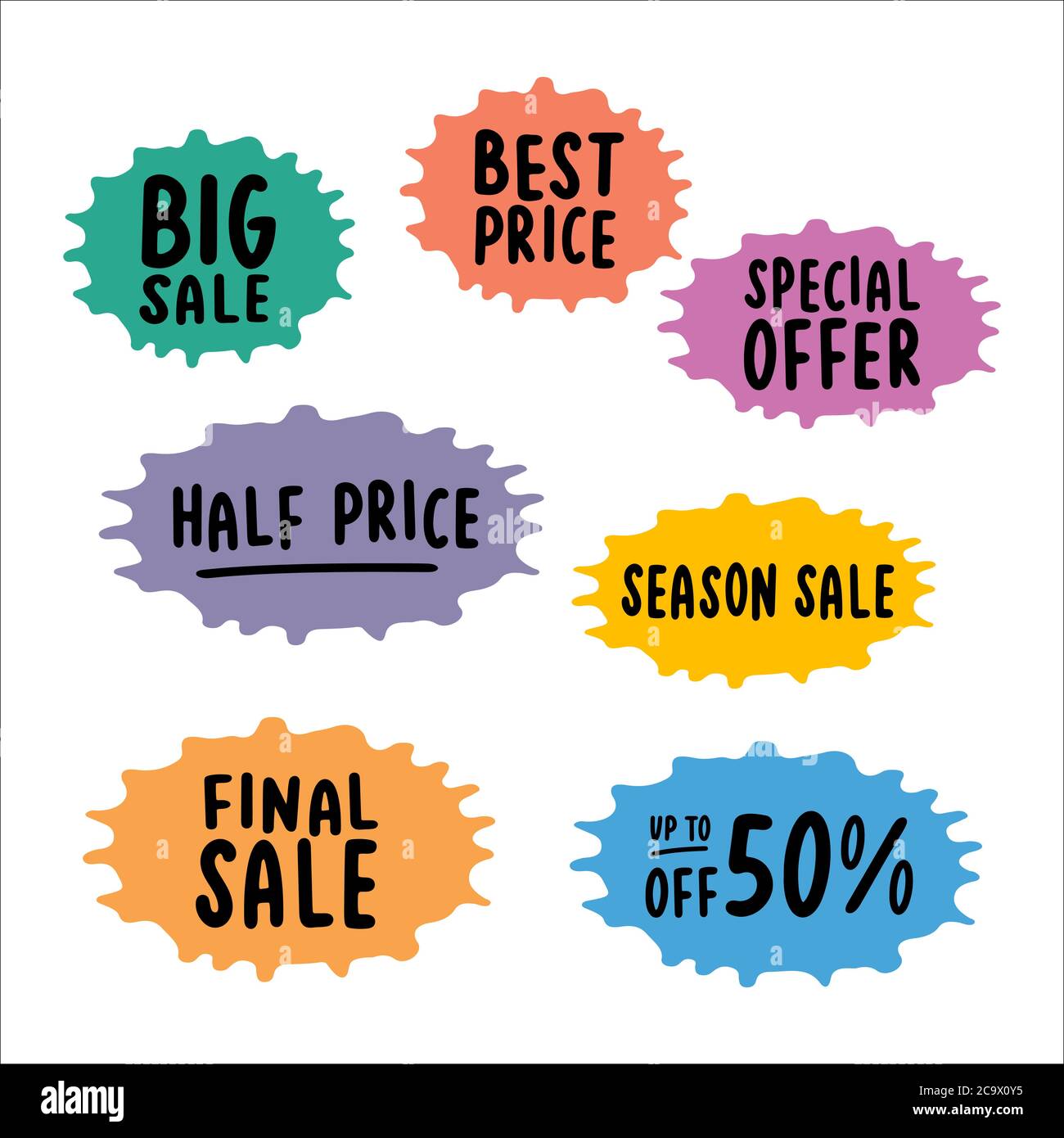 Jeu d'autocollants de VENTE à la main. Meilleur prix, offre spéciale, soldes de fin de saison, jusqu'à 50 devis de réduction Illustration de Vecteur