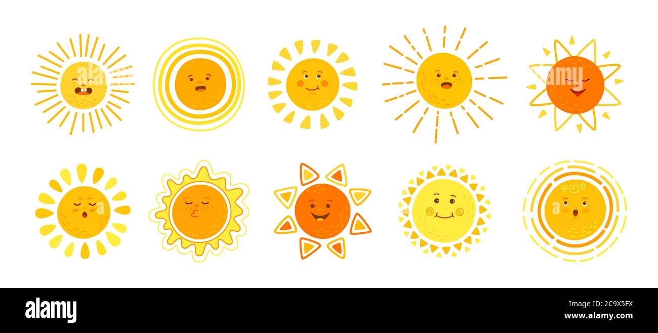 Ensemble de plats solaires. Des lunettes de soleil mignonnes dessinées à la main. Collection d'émoticônes ensoleillées jaunes drôles. Soleil souriant avec des poutres de soleil de personnage de dessin animé. Émoticônes Emoji d'été. Illustration vectorielle isolée sur fond blanc Illustration de Vecteur