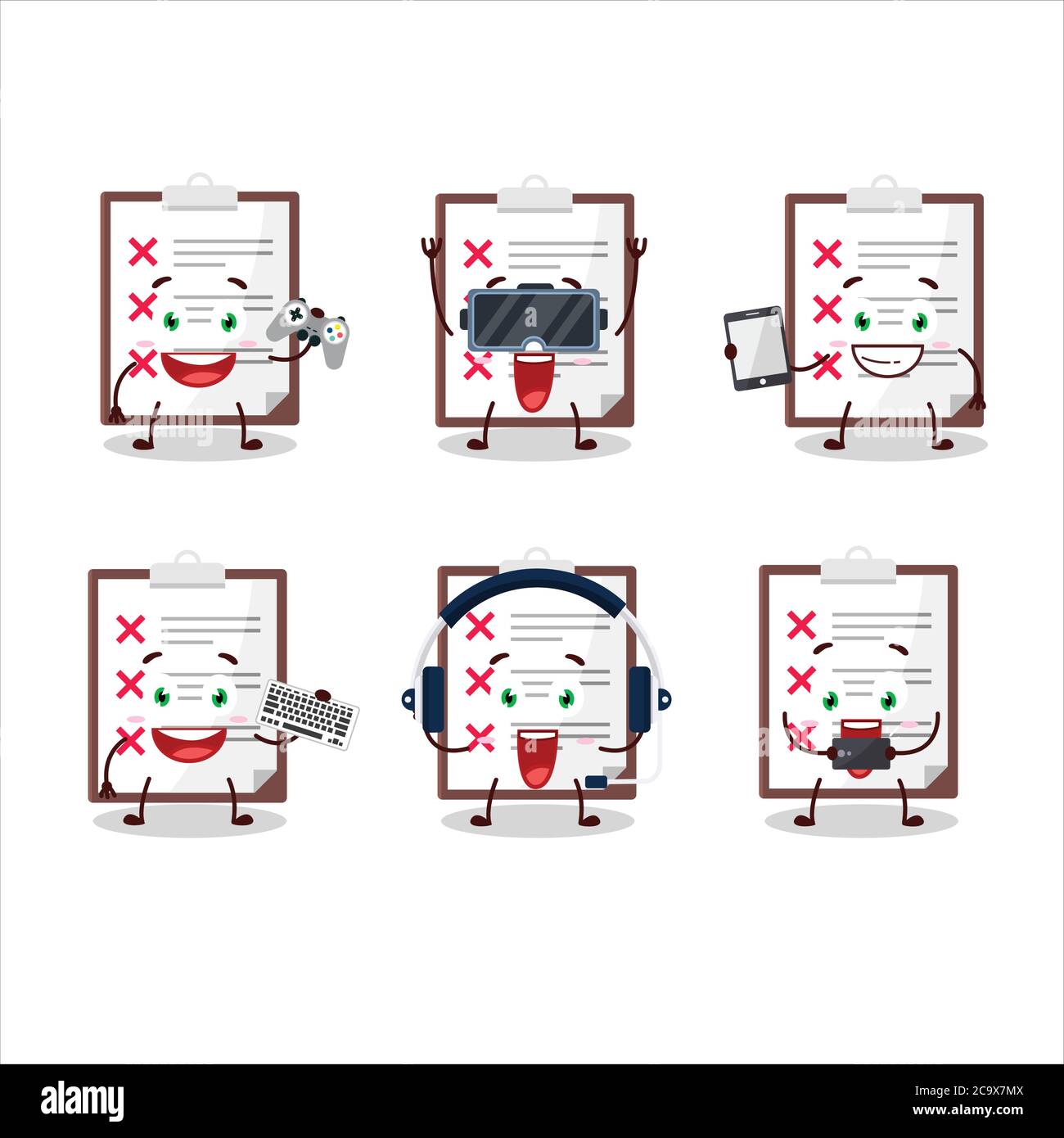 Le presse-papiers avec le personnage de dessin animé de vérification croisée jouent à des jeux avec diverses émoticônes mignons Illustration de Vecteur
