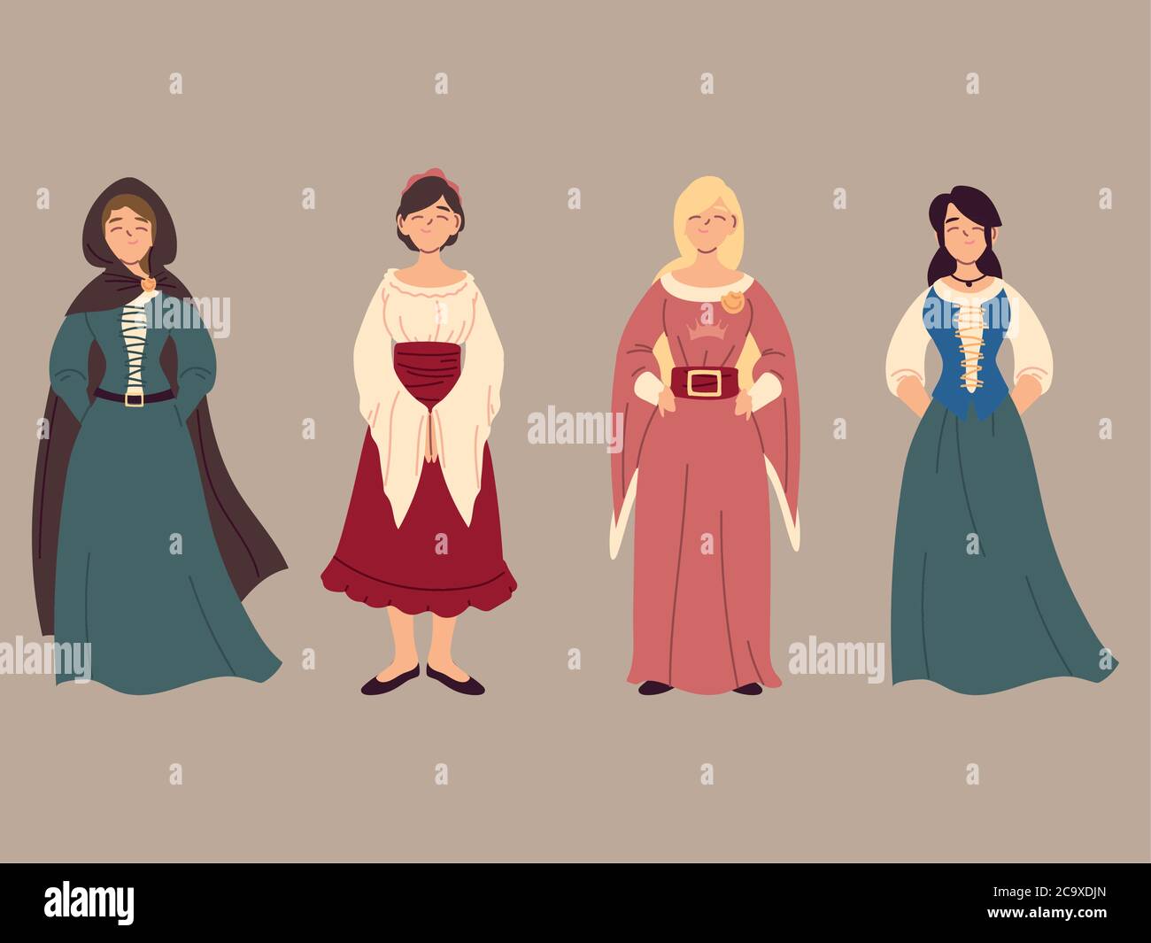 ensemble de femmes paysannes médiévales, motif vectoriel de l'époque médiévale Illustration de Vecteur