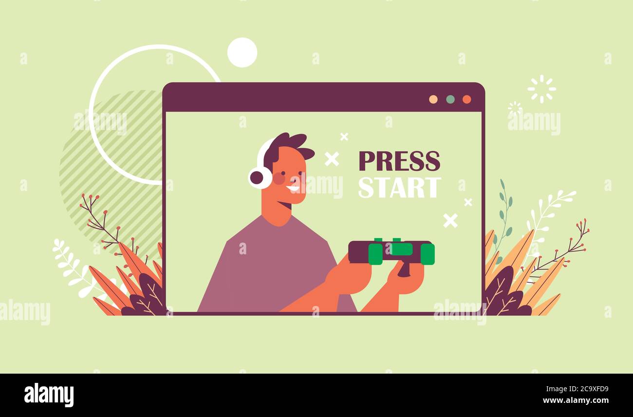 jeune homme dans le casque jouant des jeux vidéo guy ayant amusant navigateur web fenêtre horizontale portrait illustration vecteur Illustration de Vecteur