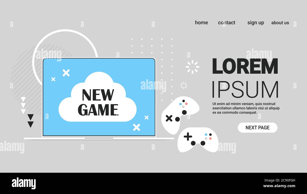 nouveau jeu sur l'écran d'ordinateur portable avec les contrôleurs de jeu vidéo concept horizontal copy space illustration vectorielle Illustration de Vecteur