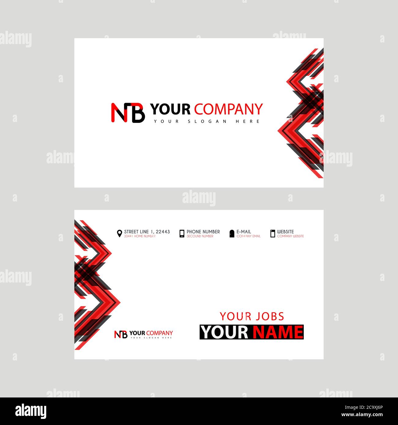 Modèle de carte de visite en noir et rouge. Design plat et horizontal et logo NB lettre au dos. Logo BN Illustration de Vecteur