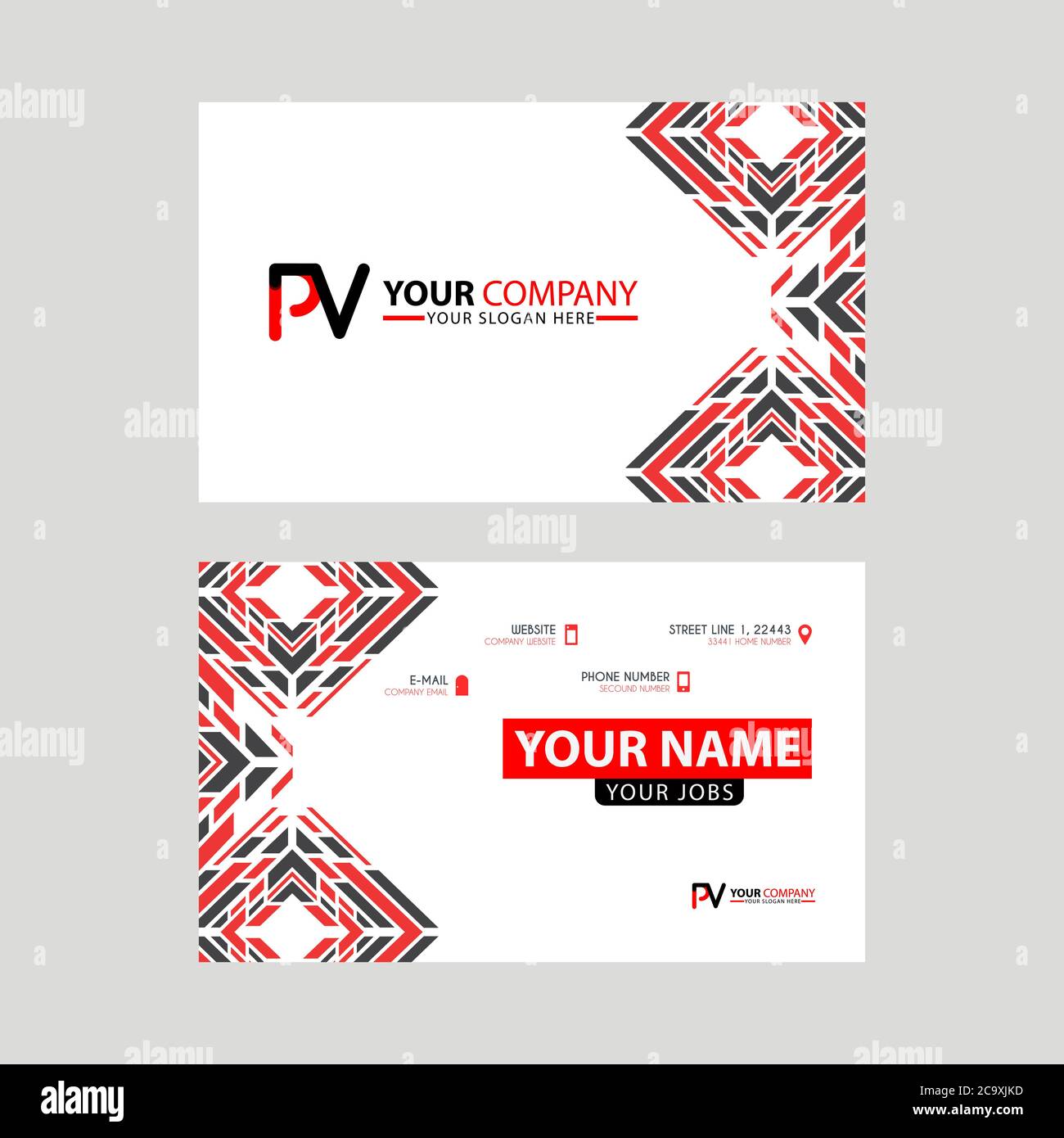 Modèles de cartes de visite modernes, avec logo PV lettre et design horizontal et couleurs rouge et noir. Modèle de logo VP Illustration de Vecteur