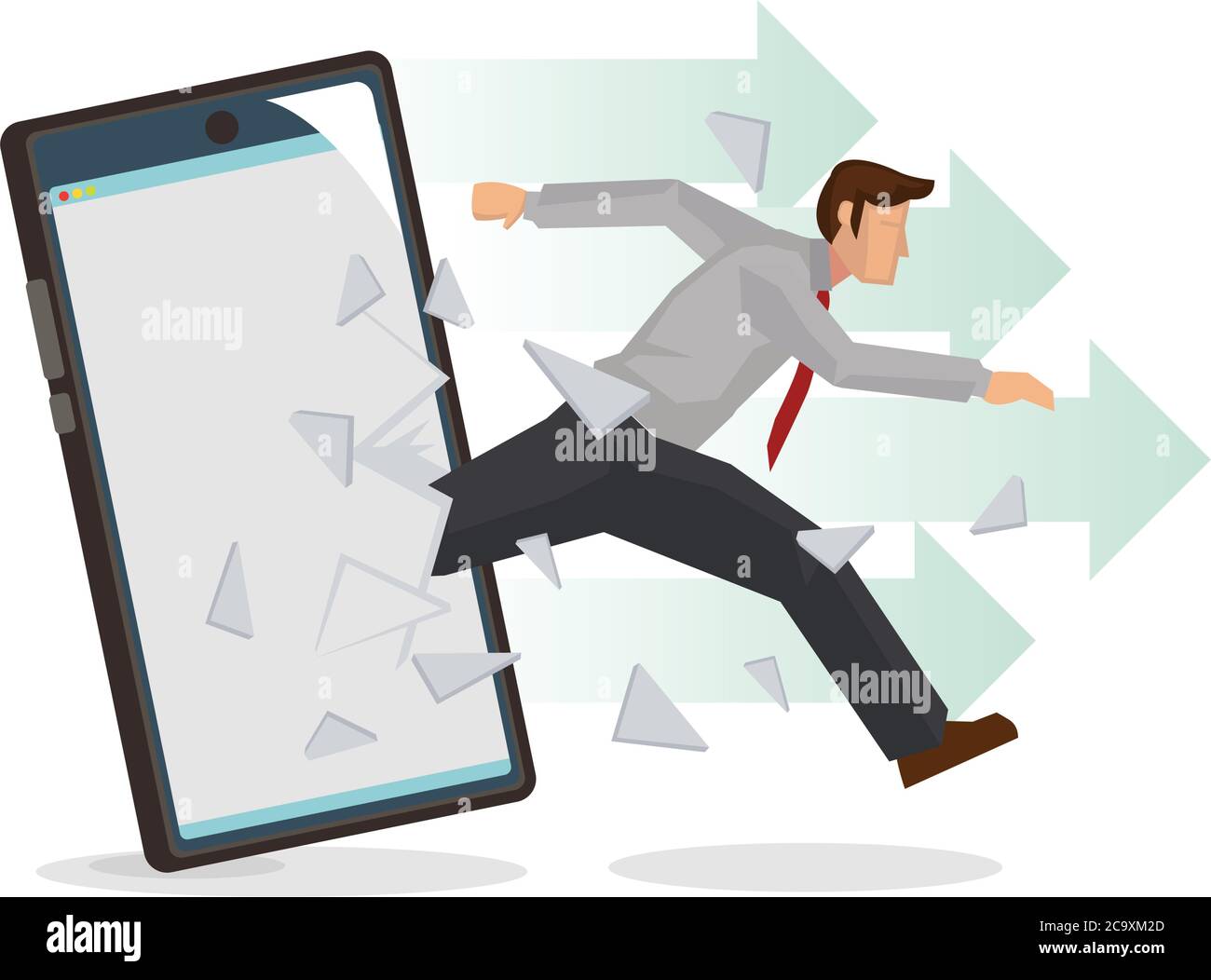 Homme d'affaires brise la surface de l'écran du smartphone. Concept d'entreprise, de technologie, de leadership ou de percée sur le marché. Personnage de dessin animé plat isolé Illustration de Vecteur