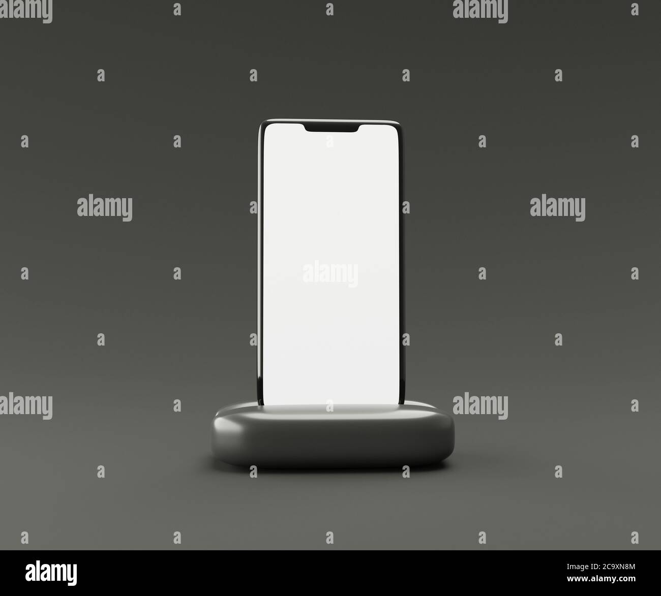 Smartphone sur un support de présentation isolé sur fond jaune avec écran vide. Concept de publicité technologique.Illustration 3D Banque D'Images