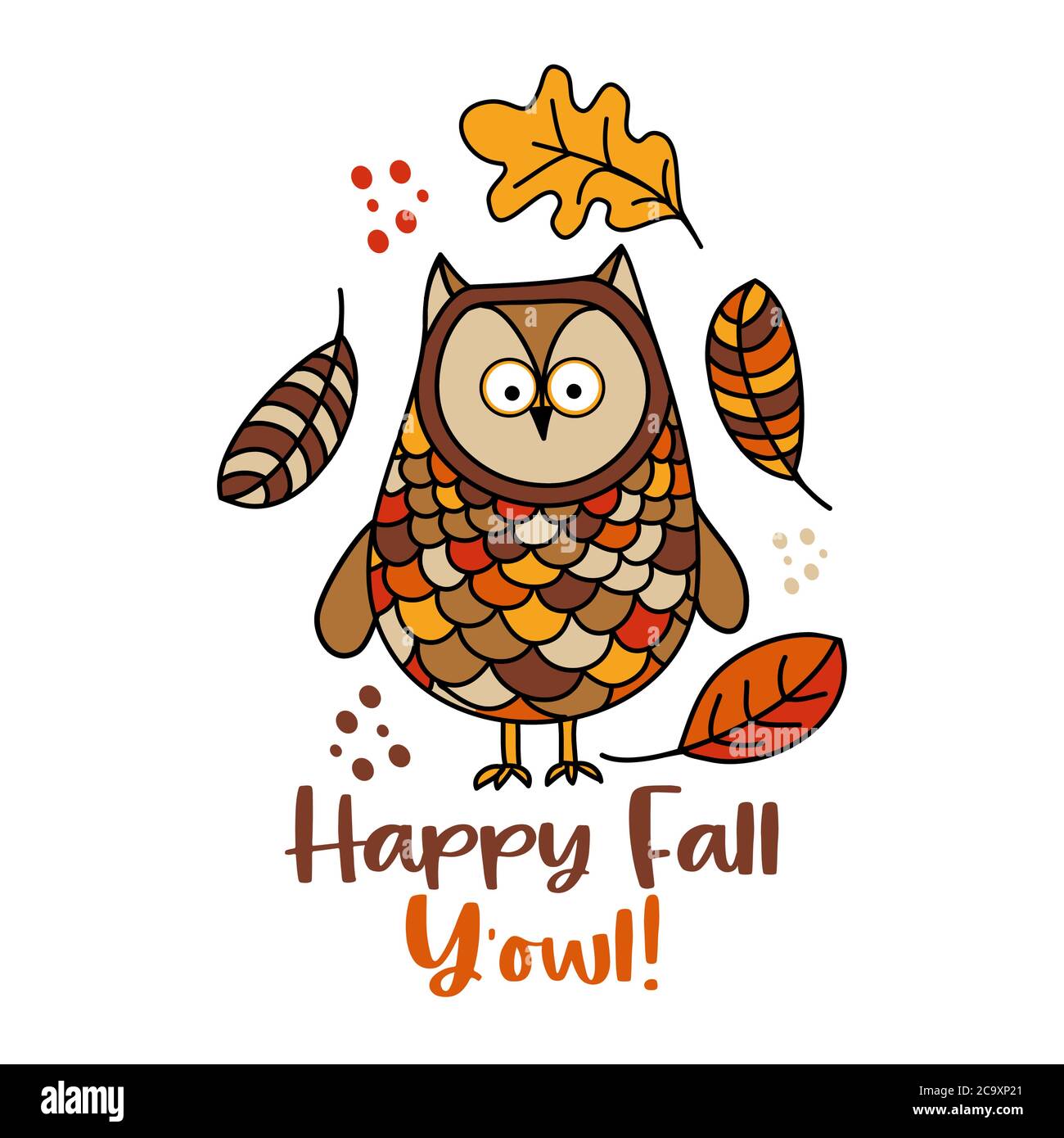 Happy Fall y'all - illustration vectorielle dessinée à la main avec chouette hibou et feuilles en chute. Affiche couleur d'automne. Bon pour les affiches, les cartes de vœux, les bannières, te Illustration de Vecteur