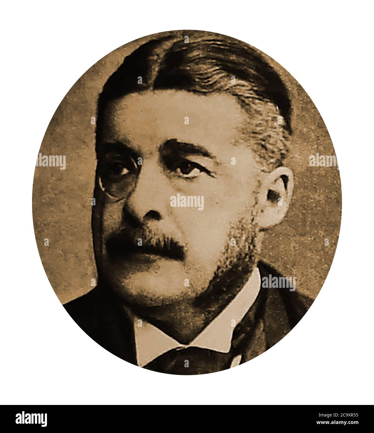 Portrait de Sir Arthur Sullivan portant un monacle - un des partenariats de coopération Gilbert et Sullivan entre le dramaturge William Schwenk Gilbert (1836–1911) et le compositeur Arthur Sullivan (1842–1900) . Les deux hommes ont collaboré à quatorze opéras comiques entre 1871 et 1896, dont les Pirates de Penzance, H.M.S. Pinafore et le Mikado . Banque D'Images