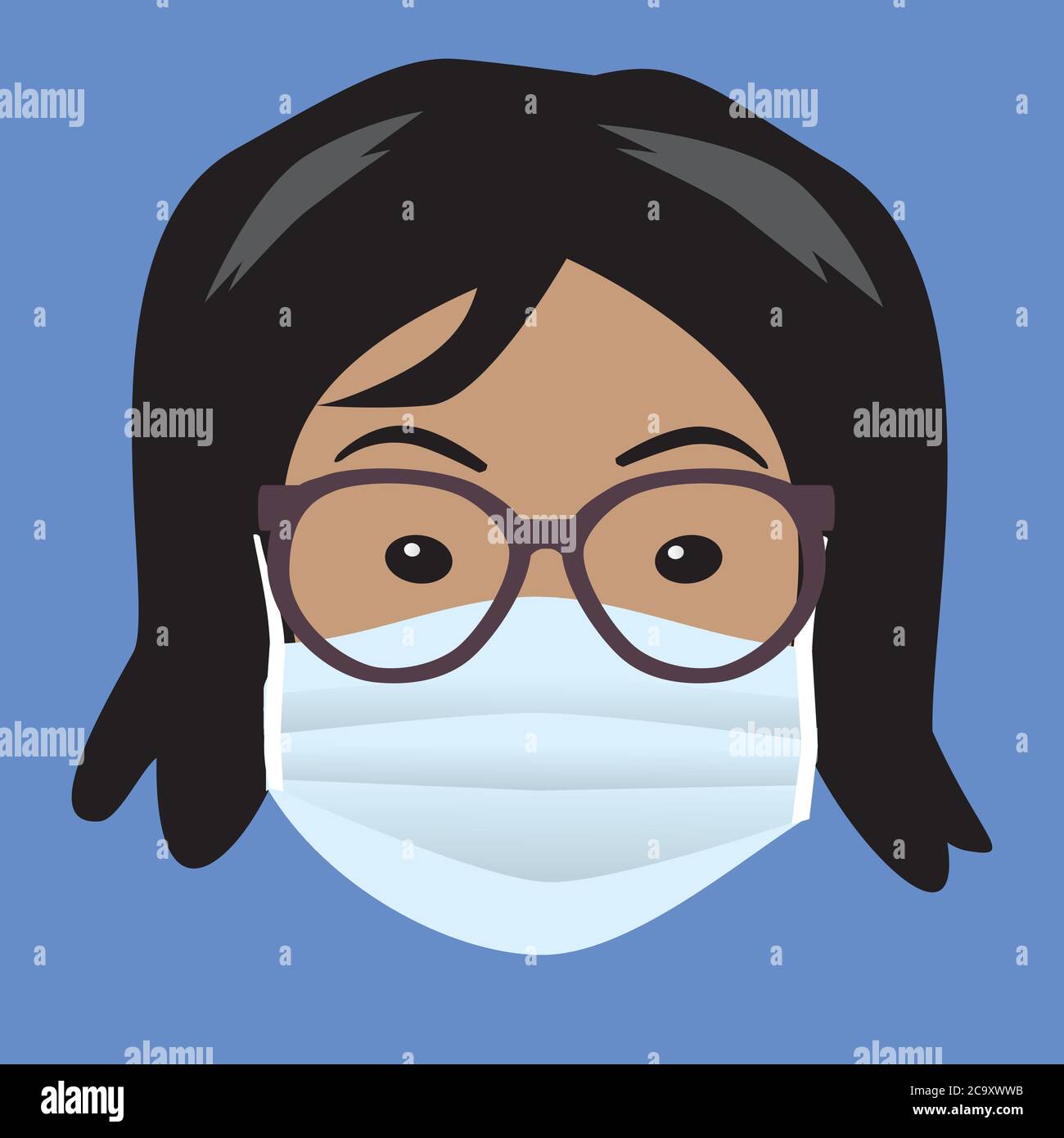 Un visage de femme avec un masque de protection. La femme a des cheveux noirs et porte des lunettes. Elle a l'air asiatique Illustration de Vecteur