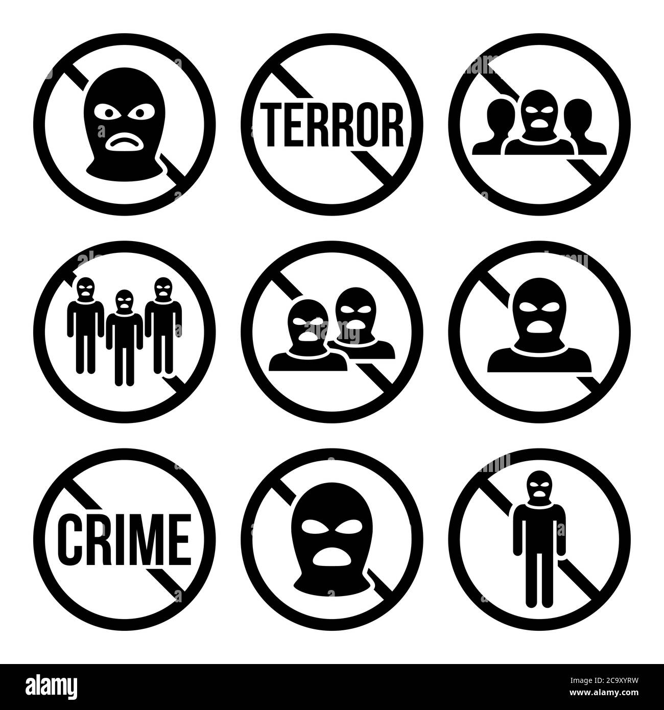 Arrêter le terrorisme, aucun crime, aucun groupe terroriste avertissement signes vecteur icônes définies Illustration de Vecteur