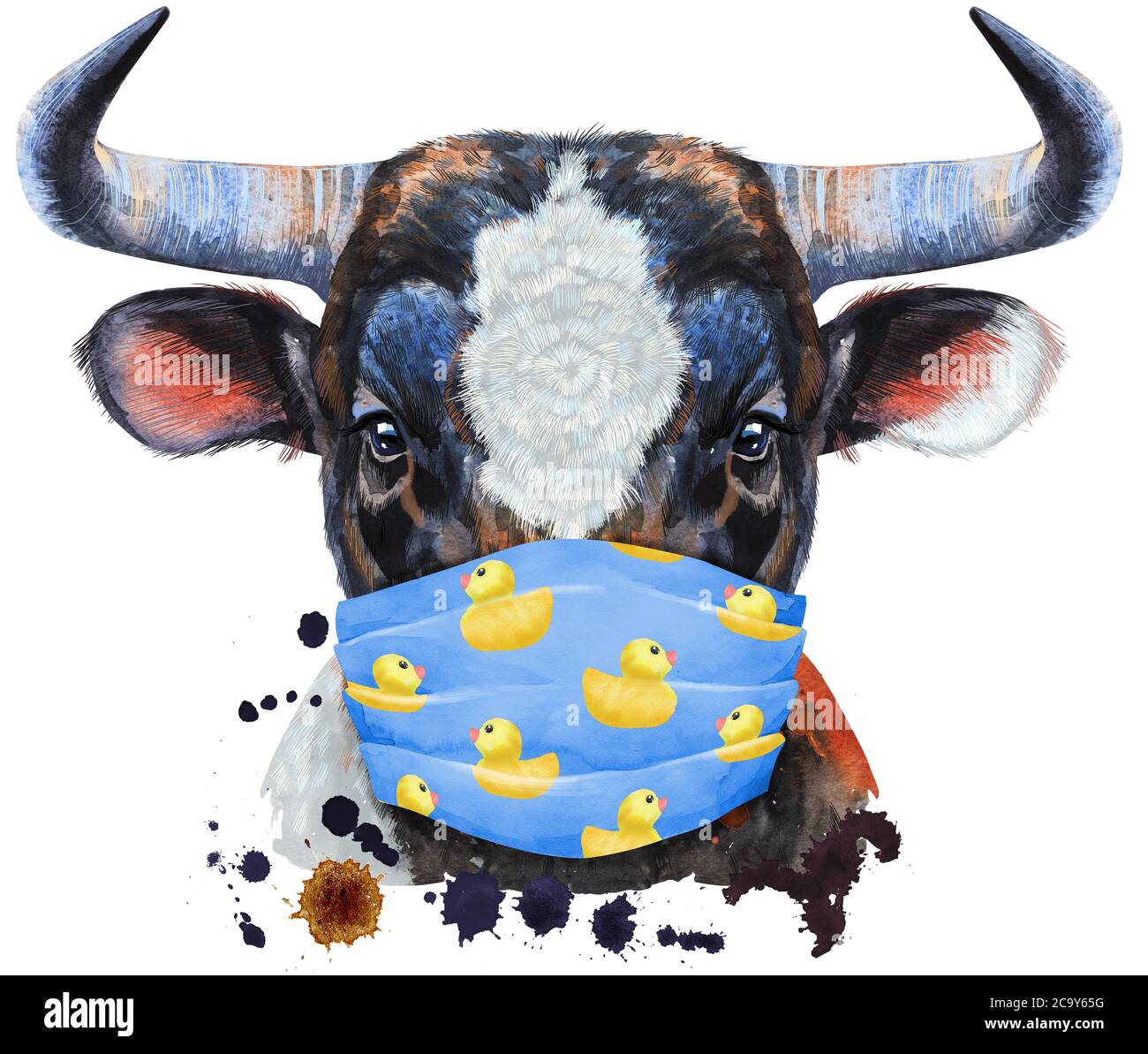 Taureau avec tache blanche dans le masque de protection. Graphiques aquarelle. Illustration Bull animal avec éclaboussures aquarelle fond texturé. Banque D'Images